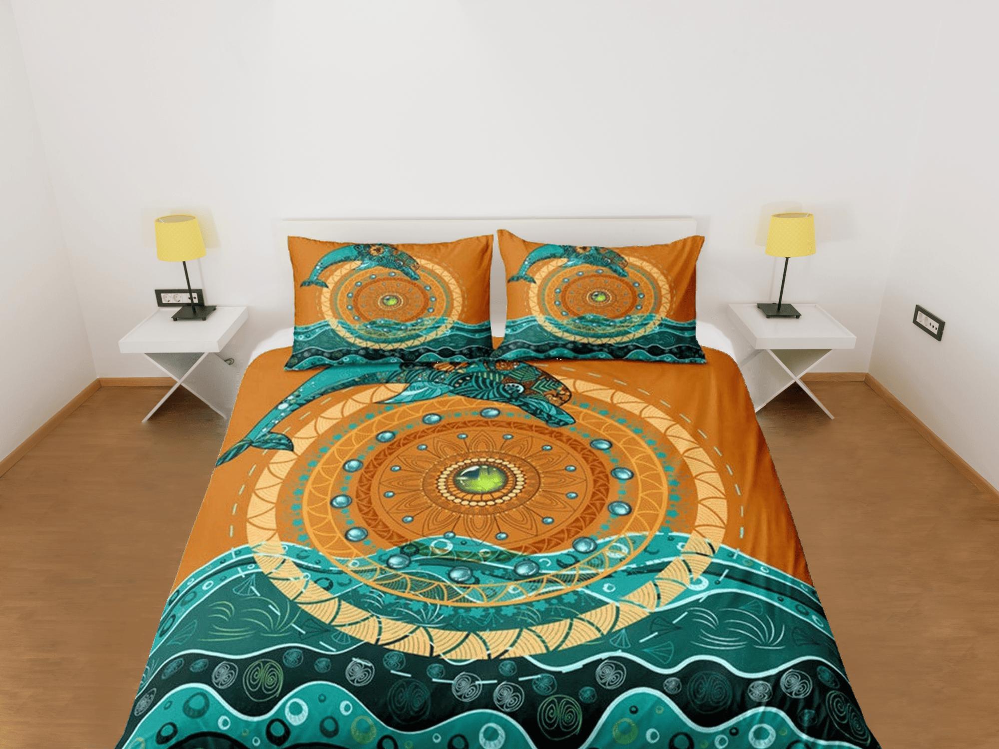 daintyduvet Ethnic dolphin bedding tribal design green orange duvet cover, ocean blush decor sea animal bedding set full king queen twin, dorm bedding