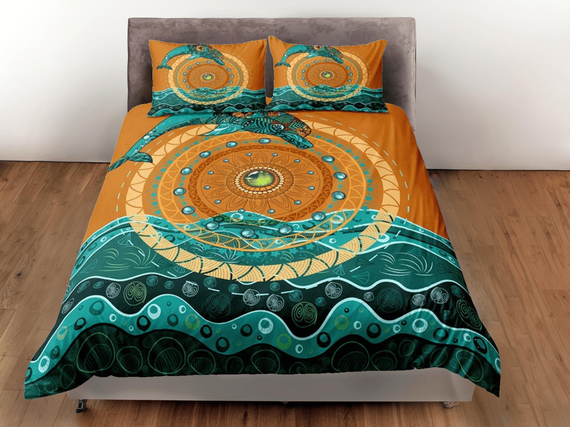 daintyduvet Ethnic dolphin bedding tribal design green orange duvet cover, ocean blush decor sea animal bedding set full king queen twin, dorm bedding