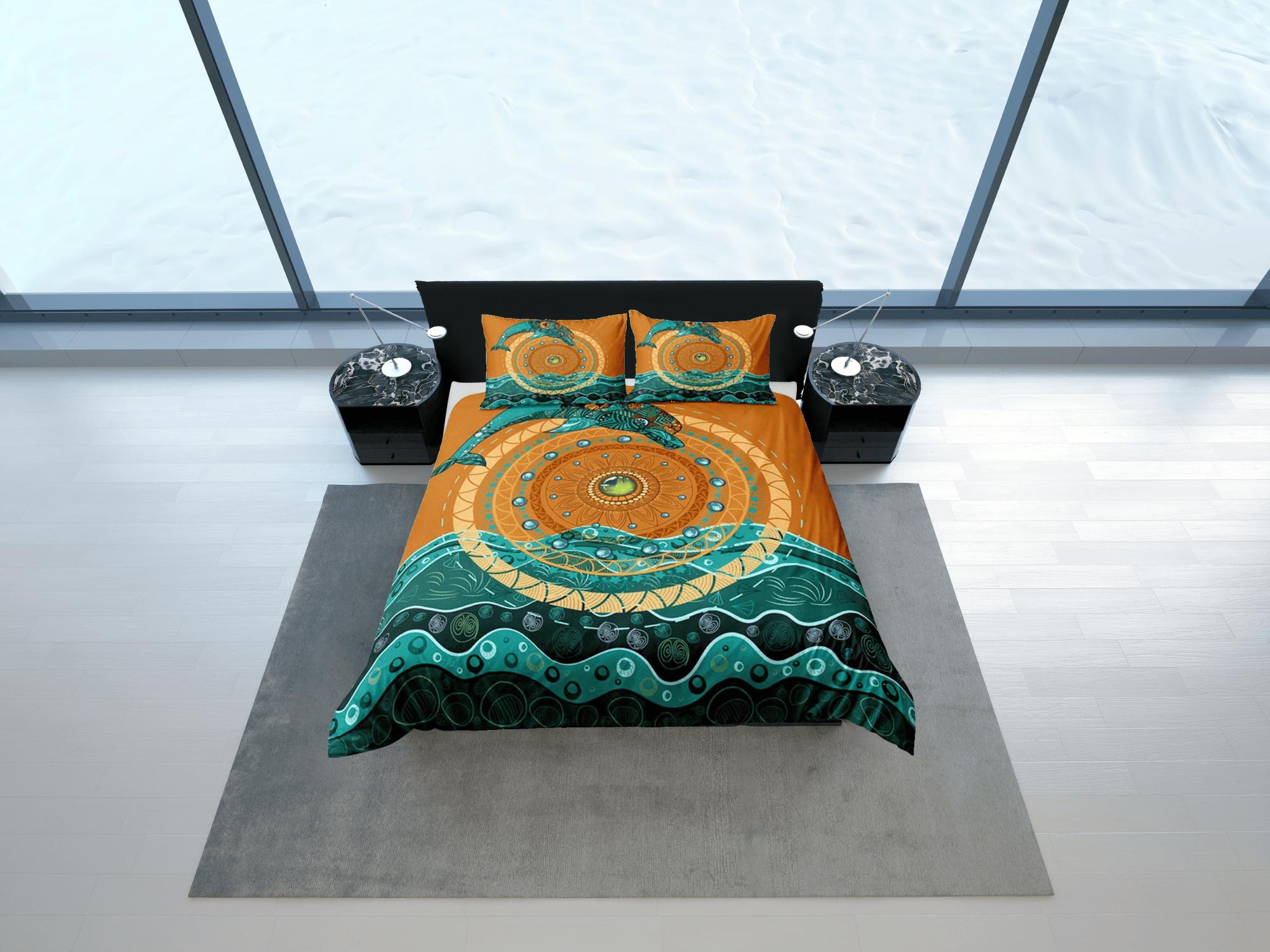 daintyduvet Ethnic dolphin bedding tribal design green orange duvet cover, ocean blush decor sea animal bedding set full king queen twin, dorm bedding