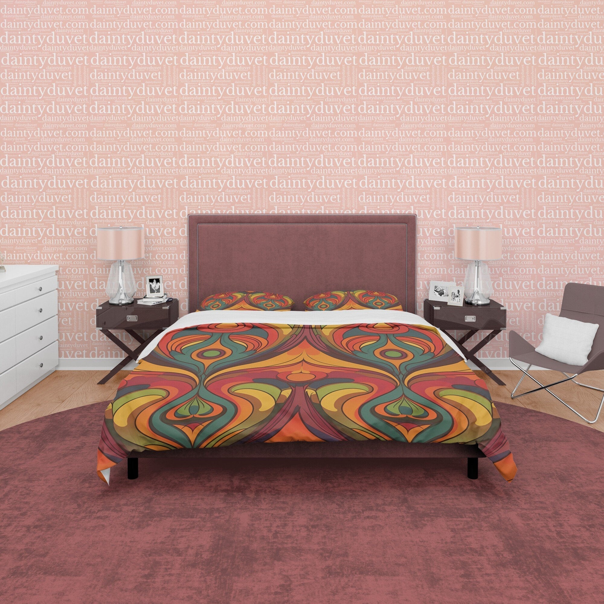 European Geometric Retro Bedding Set, Vintage Pattern Duvet Cover, Rustic Quilt Cover, Unique Brown Bedding, Zipper Bedding