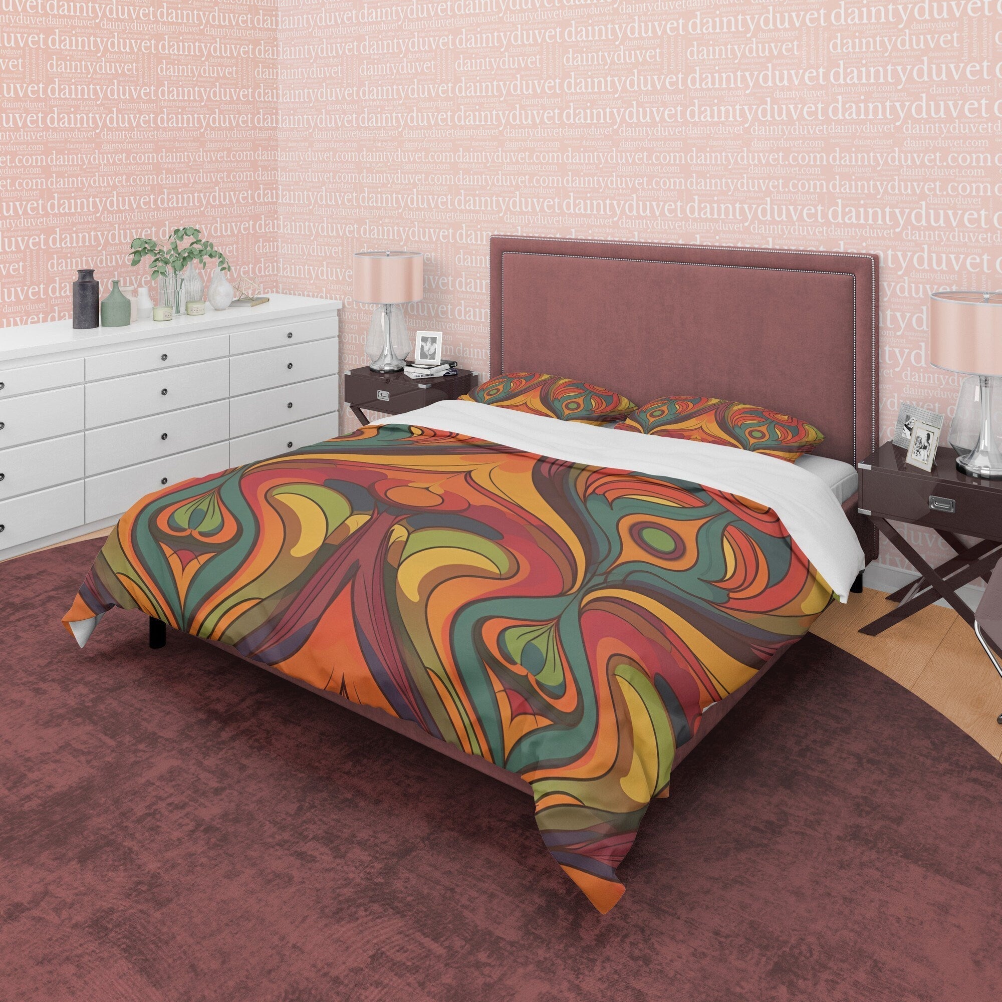 European Geometric Retro Bedding Set, Vintage Pattern Duvet Cover, Rustic Quilt Cover, Unique Brown Bedding, Zipper Bedding