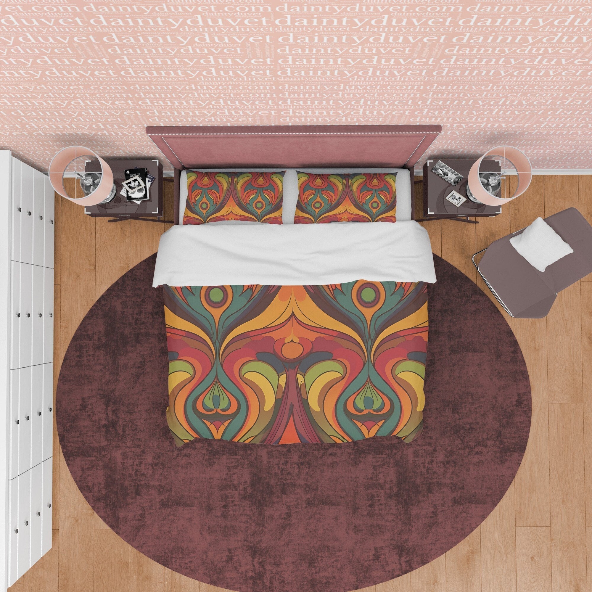 European Geometric Retro Bedding Set, Vintage Pattern Duvet Cover, Rustic Quilt Cover, Unique Brown Bedding, Zipper Bedding