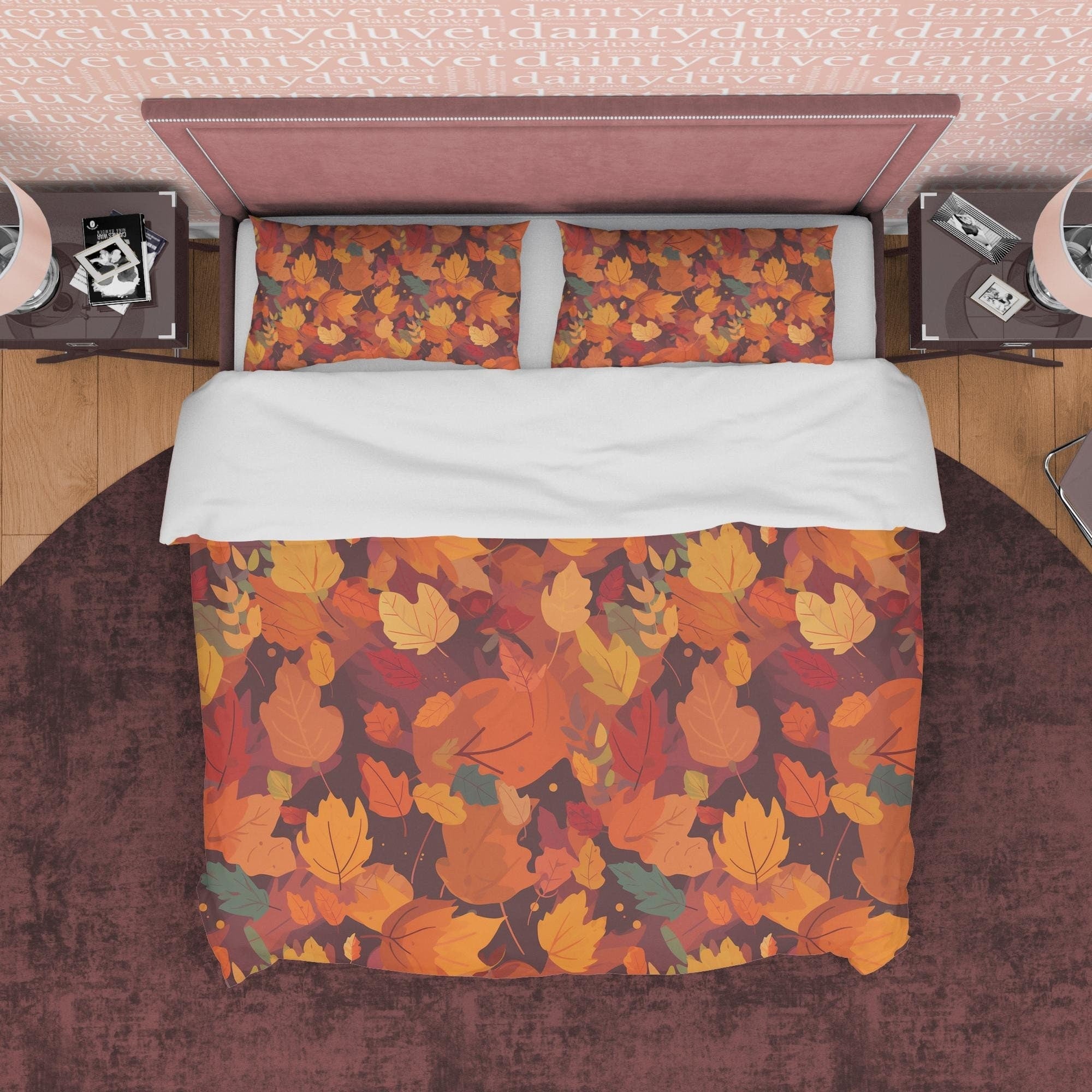 Fallen Leaves Orange Duvet Cover Autumn Bedding Set, Warm Autumn Colors Printed Quilt Cover, Foliage Bedspread