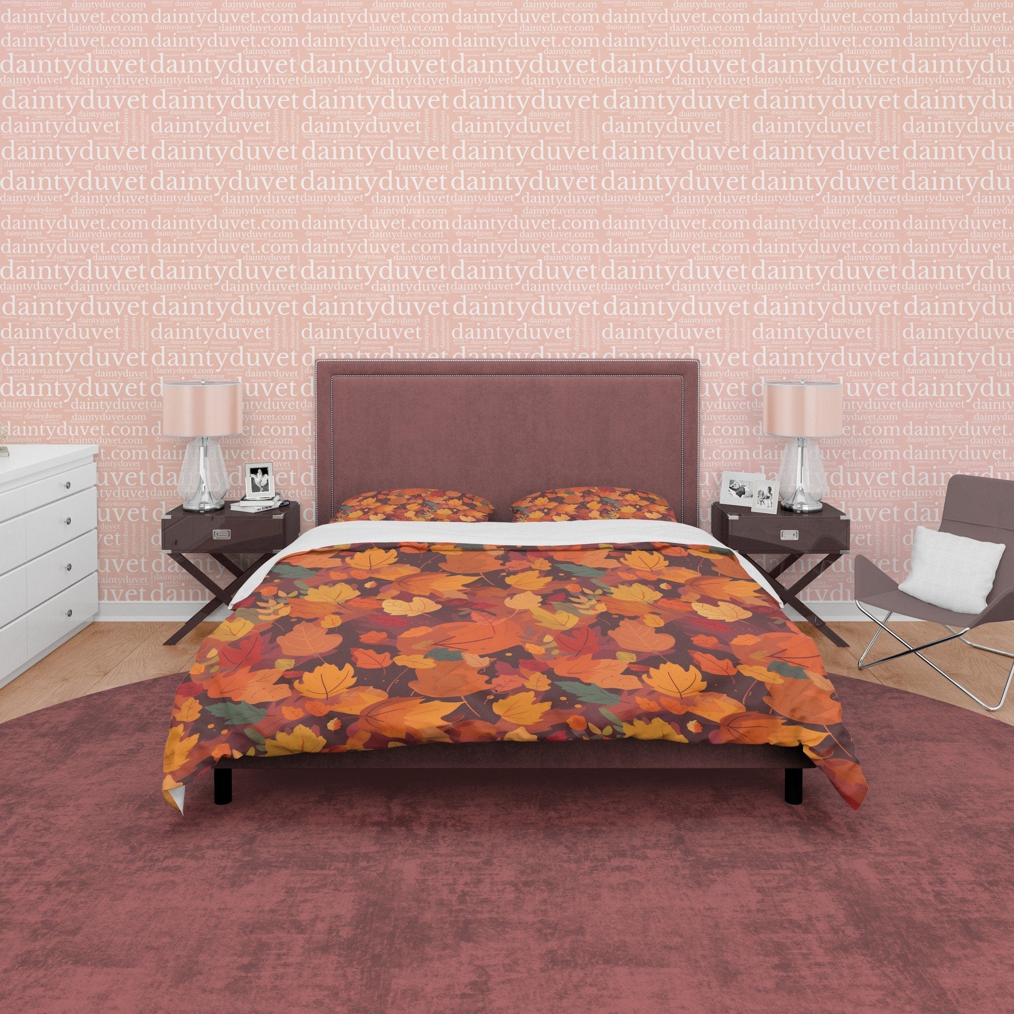 Fallen Leaves Orange Duvet Cover Autumn Bedding Set, Warm Autumn Colors Printed Quilt Cover, Foliage Bedspread