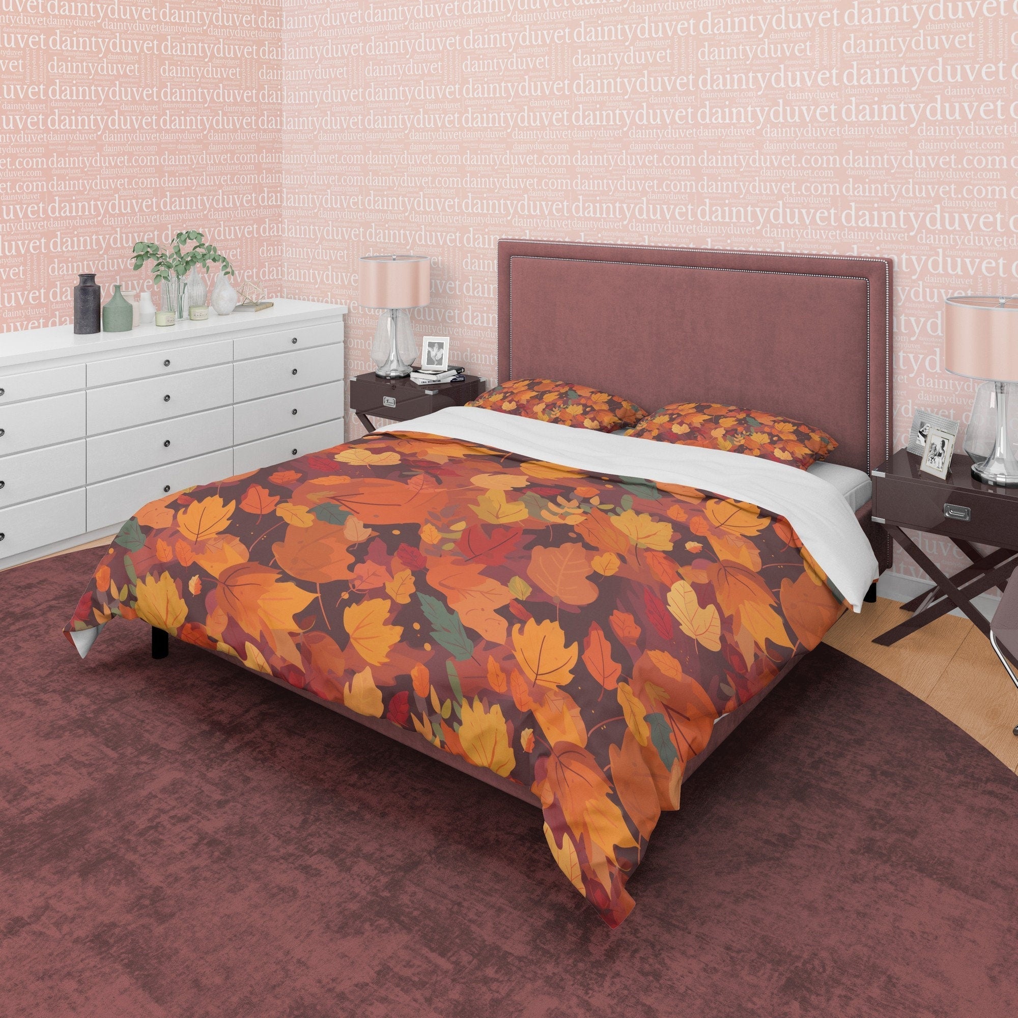 Fallen Leaves Orange Duvet Cover Autumn Bedding Set, Warm Autumn Colors Printed Quilt Cover, Foliage Bedspread