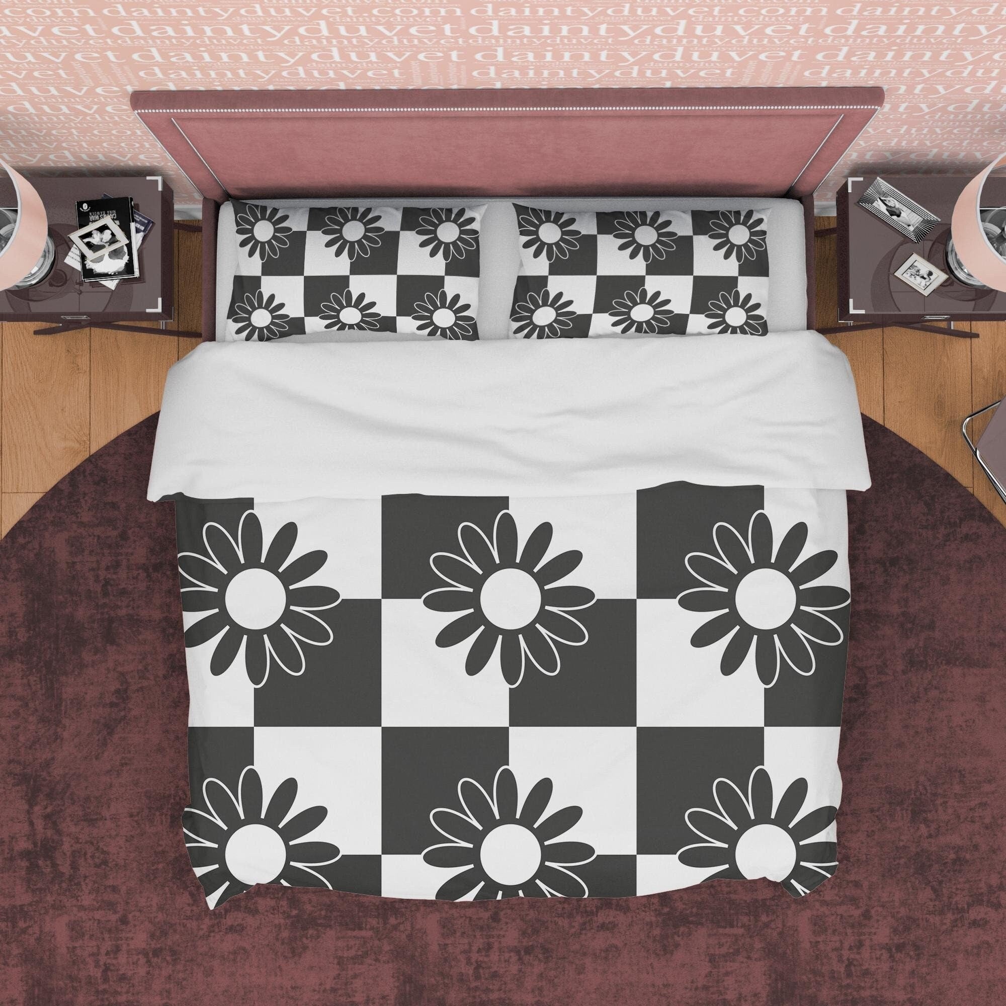 Floral Black and White Duvet Cover Set, Checkered Blanket Cover Retro Printed Bedding Set, Groovy Bedspread, 90s Nostalgia Quilt Cover