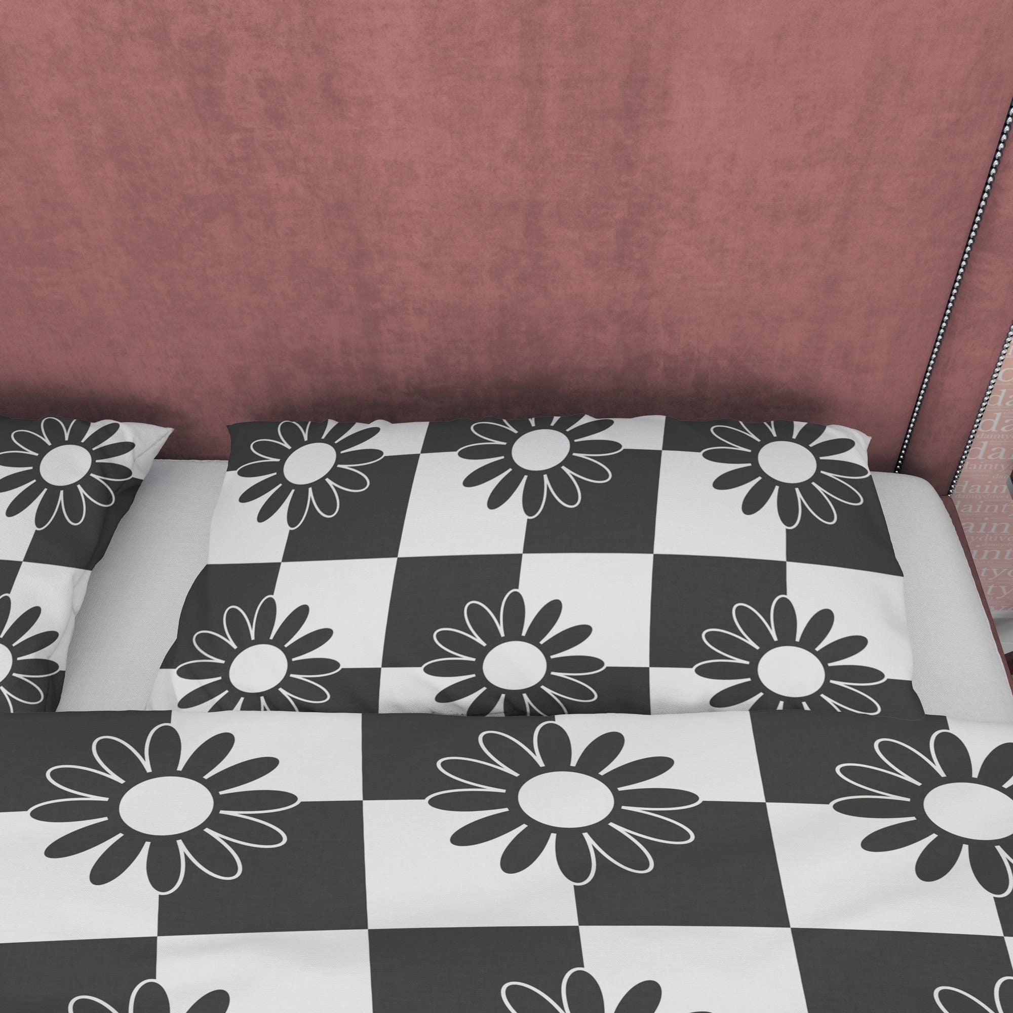 Floral Black and White Duvet Cover Set, Checkered Blanket Cover Retro Printed Bedding Set, Groovy Bedspread, 90s Nostalgia Quilt Cover