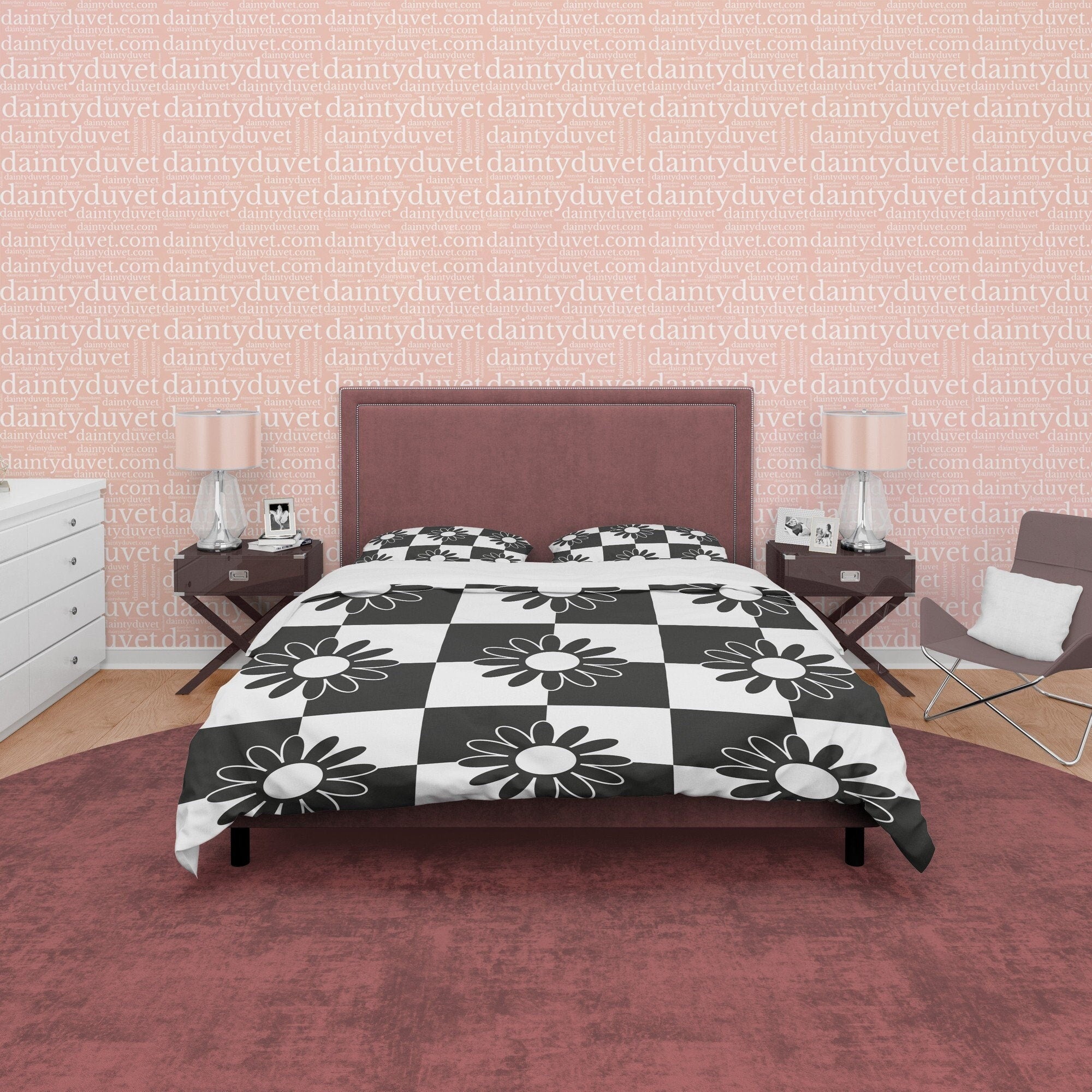 Floral Black and White Duvet Cover Set, Checkered Blanket Cover Retro Printed Bedding Set, Groovy Bedspread, 90s Nostalgia Quilt Cover