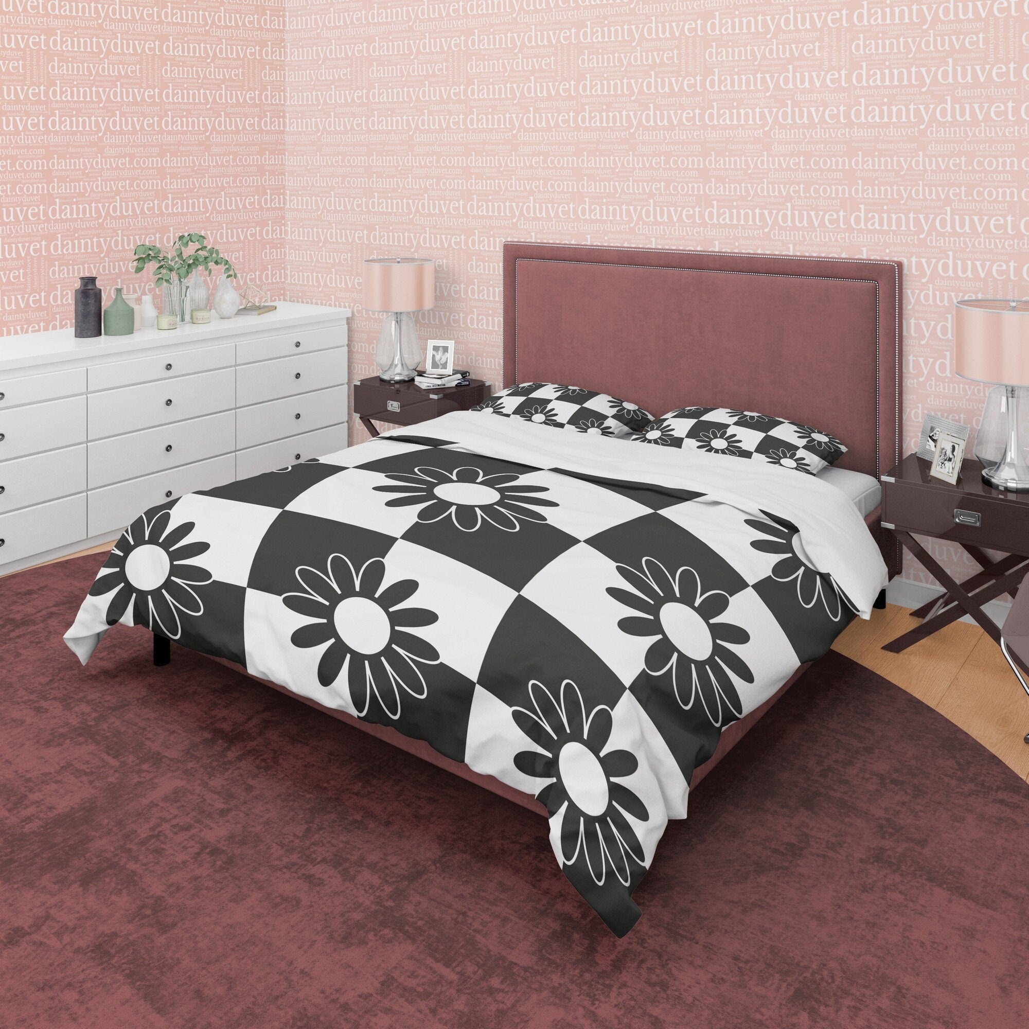 Floral Black and White Duvet Cover Set, Checkered Blanket Cover Retro Printed Bedding Set, Groovy Bedspread, 90s Nostalgia Quilt Cover