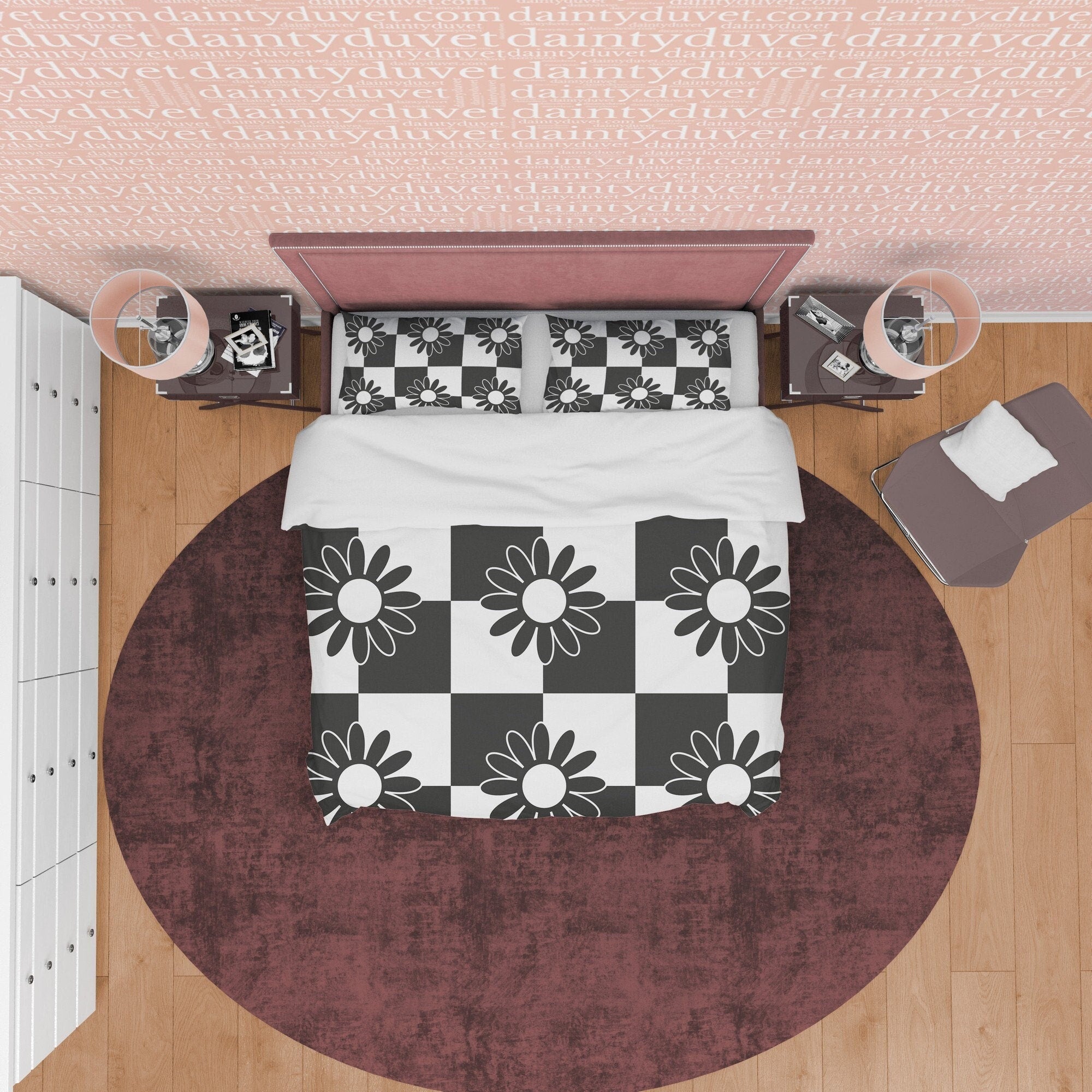 Floral Black and White Duvet Cover Set, Checkered Blanket Cover Retro Printed Bedding Set, Groovy Bedspread, 90s Nostalgia Quilt Cover