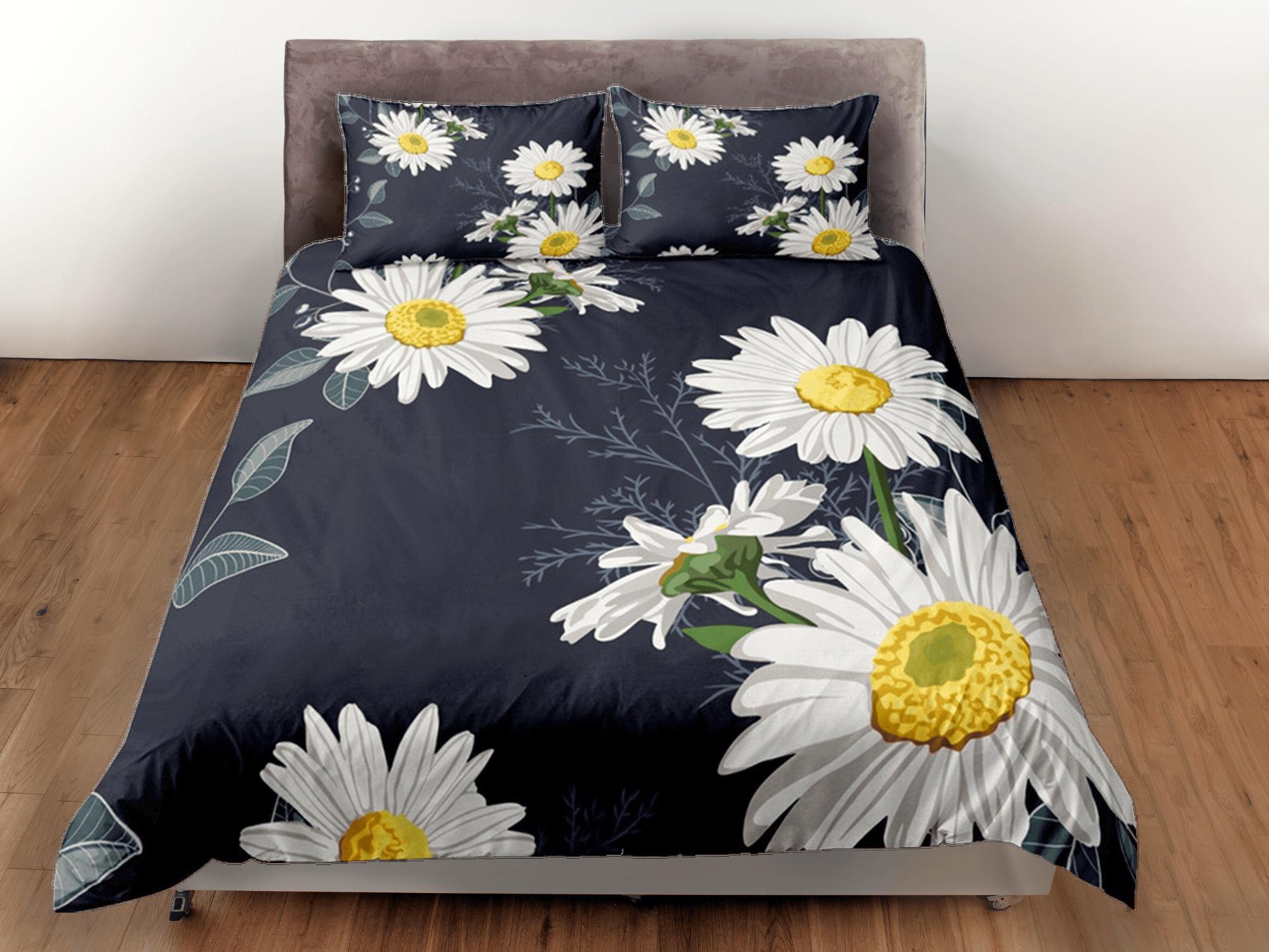 daintyduvet Floral Black Duvet Cover Set, White Daisy Bedspread Dorm Bedding Set Bedding Single