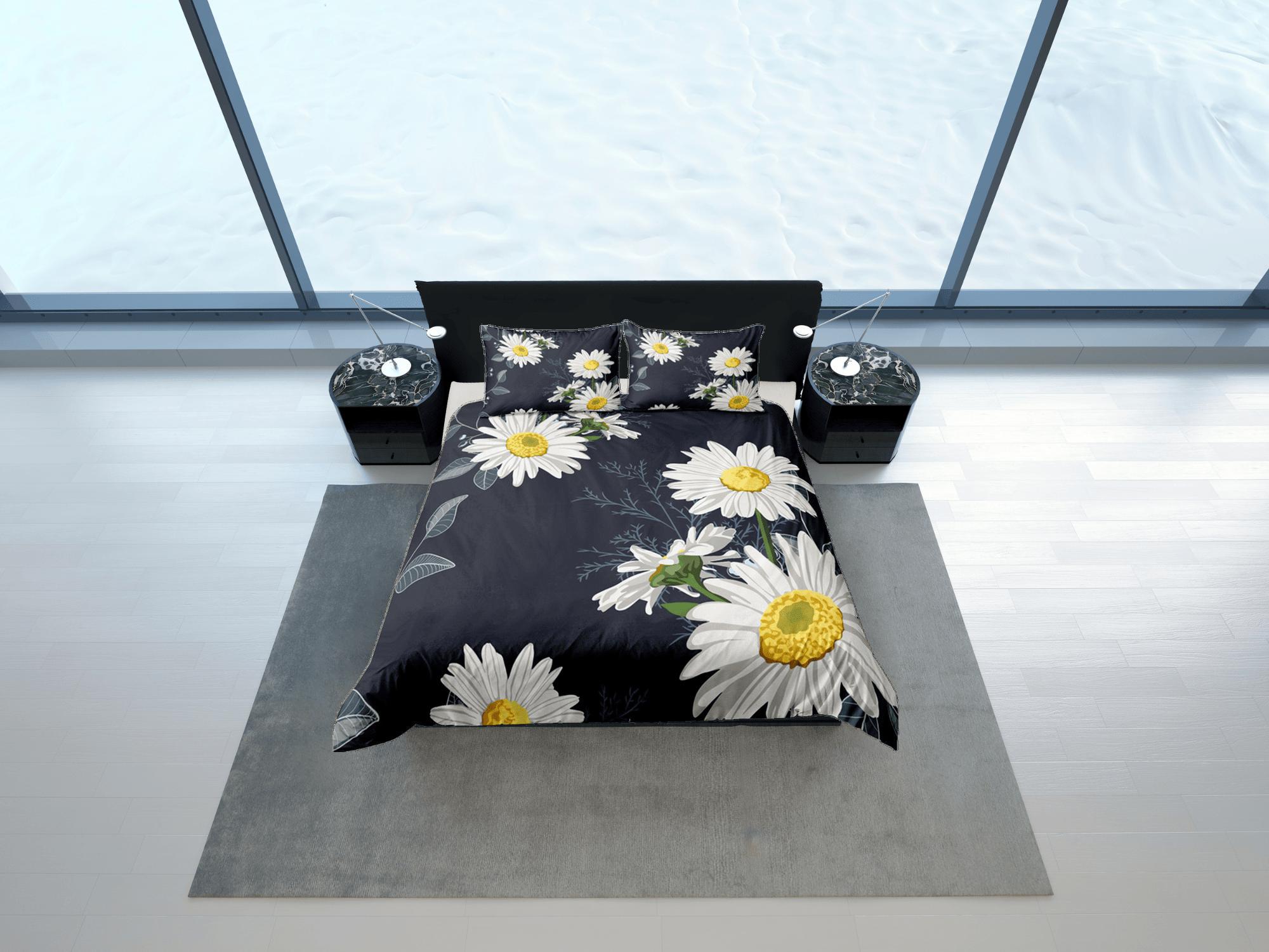 daintyduvet Floral Black Duvet Cover Set, White Daisy Bedspread Dorm Bedding Set Bedding Single