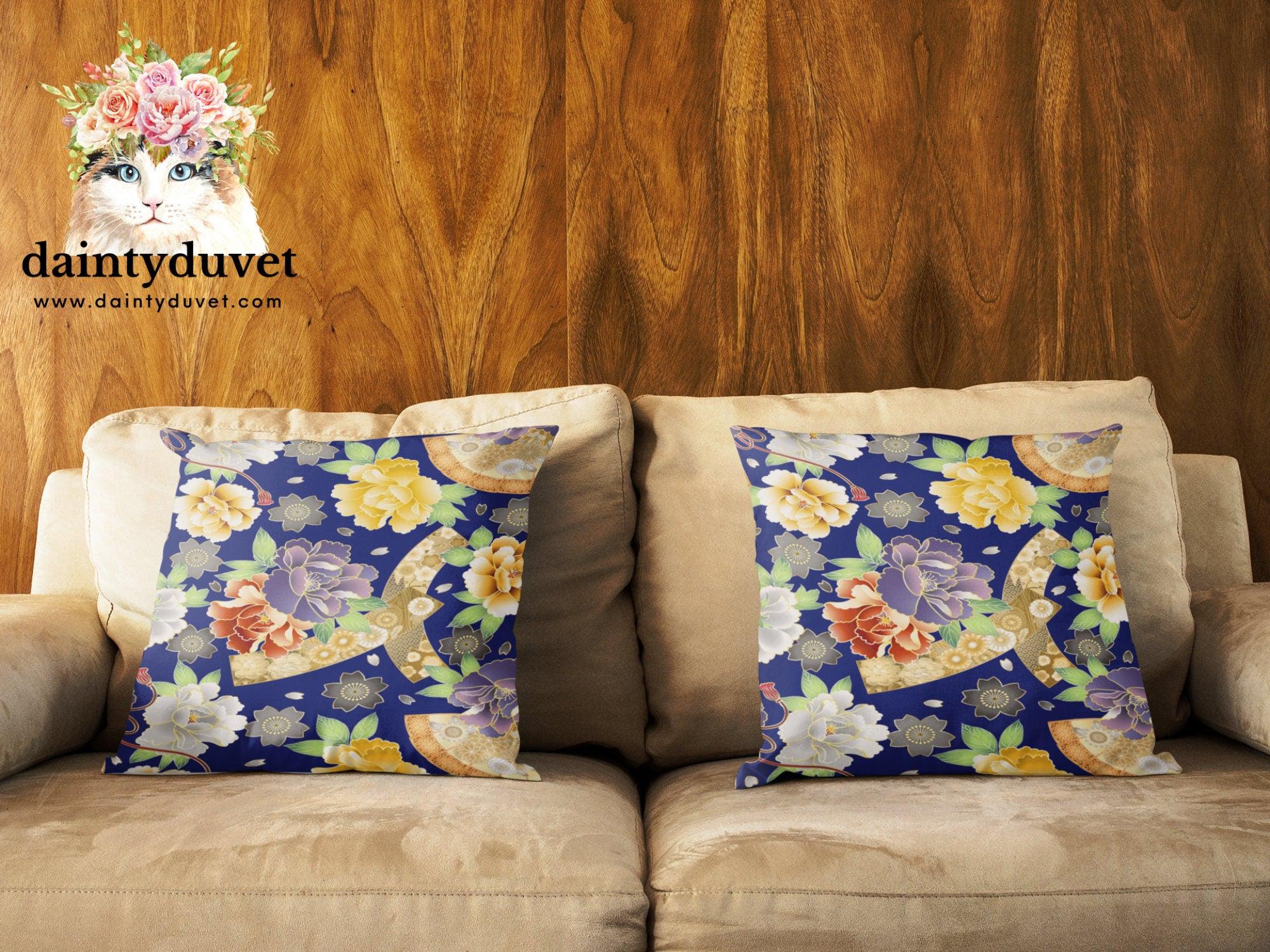 daintyduvet Floral Pillow Cover Blue, Square Pillow Cover for Throw Pillow, Chair Cushion Cover, Oriental Design Japanese Fabric Pillow