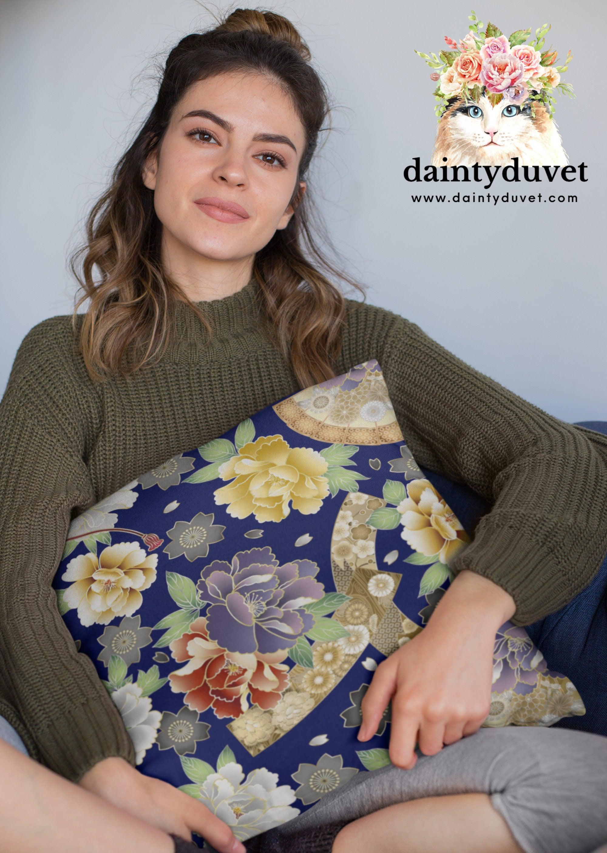 daintyduvet Floral Pillow Cover Blue, Square Pillow Cover for Throw Pillow, Chair Cushion Cover, Oriental Design Japanese Fabric Pillow