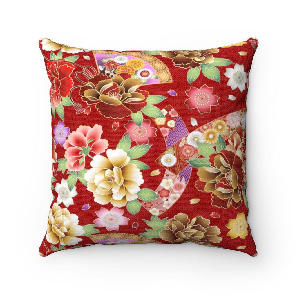 daintyduvet Floral Pillow Cover Red, Square Pillow Cover for Throw Pillow, Chair Cushion Cover, Oriental Design Japanese Fabric Pillow for Coach