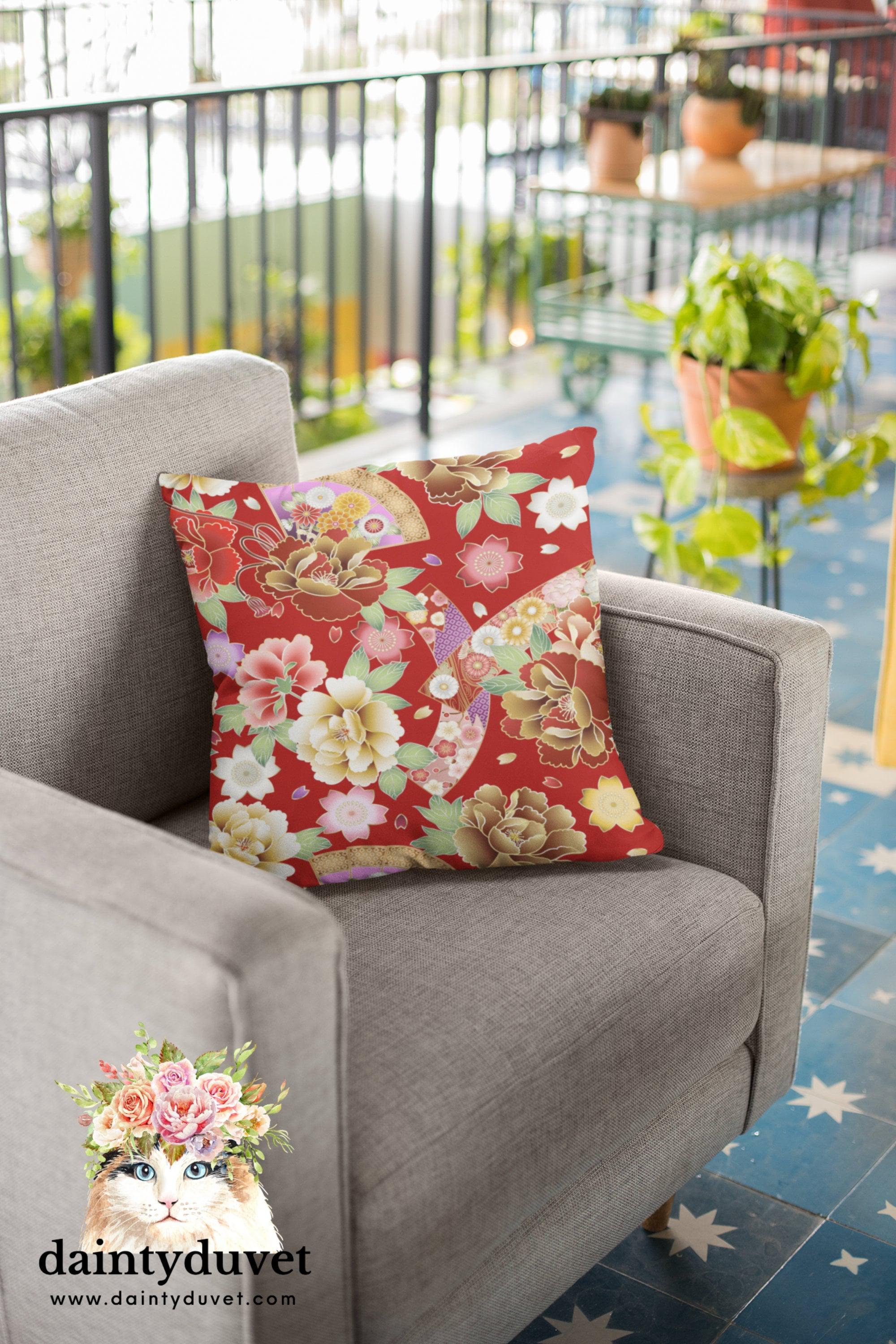 daintyduvet Floral Pillow Cover Red, Square Pillow Cover for Throw Pillow, Chair Cushion Cover, Oriental Design Japanese Fabric Pillow for Coach