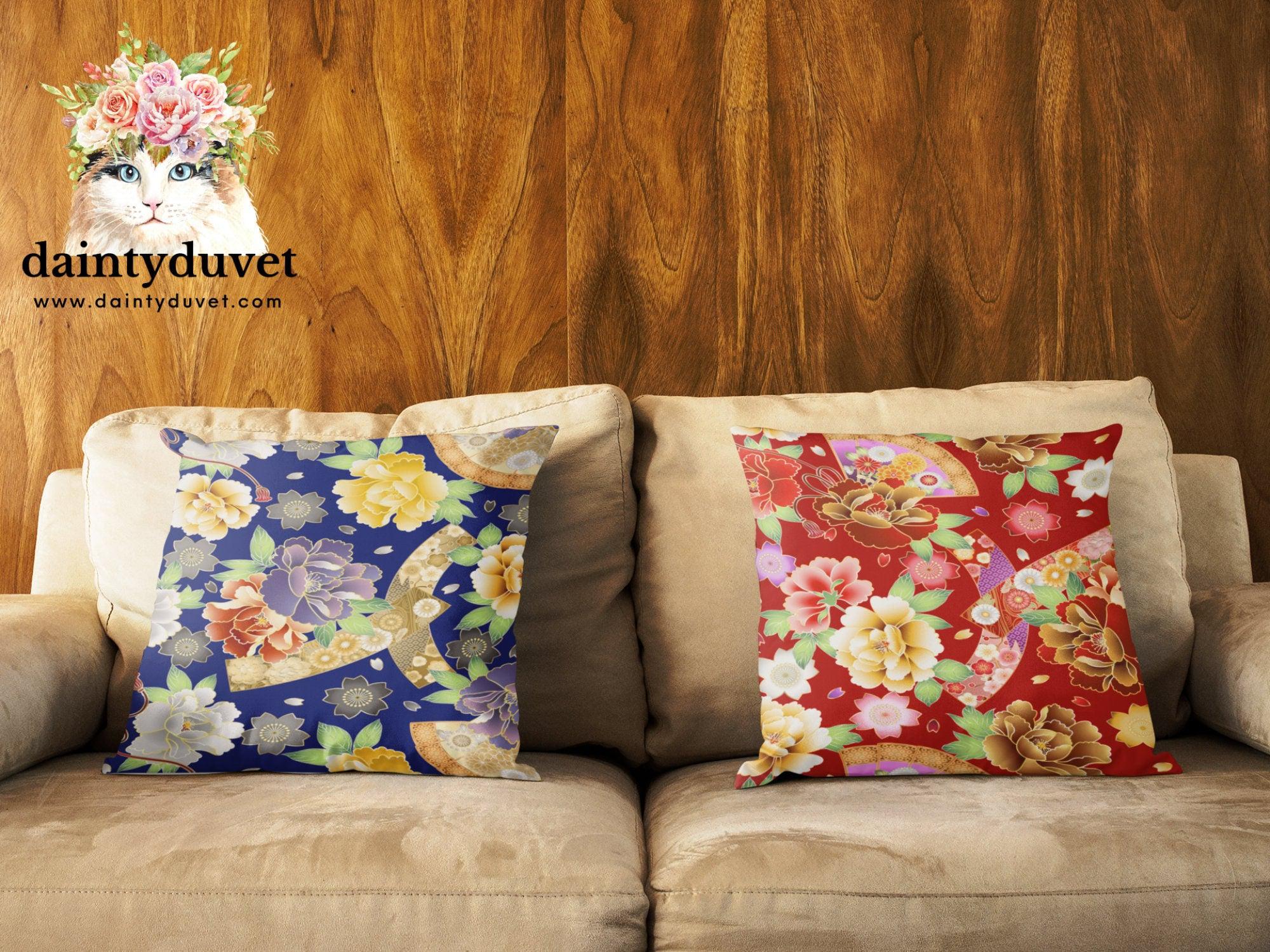 daintyduvet Floral Pillow Cover Red, Square Pillow Cover for Throw Pillow, Chair Cushion Cover, Oriental Design Japanese Fabric Pillow for Coach