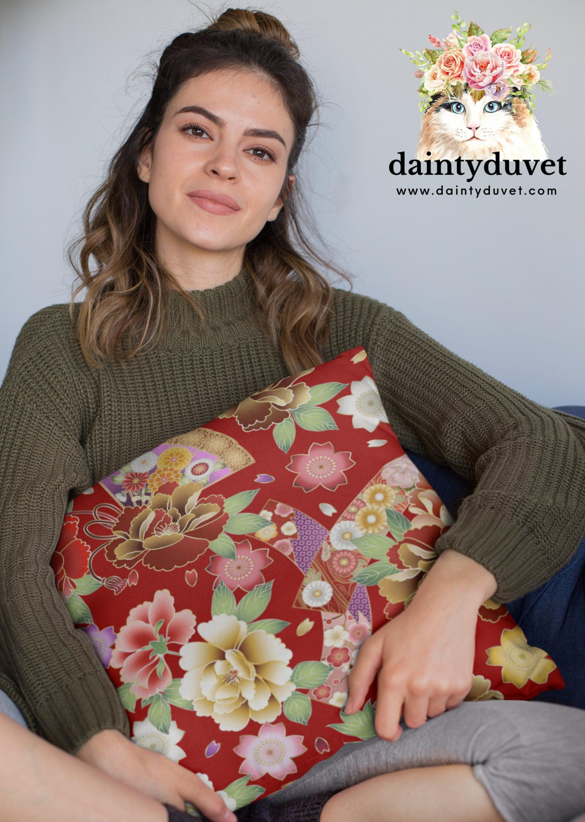 daintyduvet Floral Pillow Cover Red, Square Pillow Cover for Throw Pillow, Chair Cushion Cover, Oriental Design Japanese Fabric Pillow for Coach