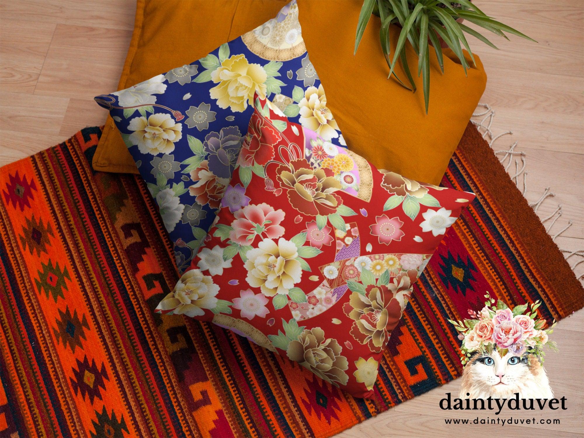 daintyduvet Floral Pillow Cover Red, Square Pillow Cover for Throw Pillow, Chair Cushion Cover, Oriental Design Japanese Fabric Pillow for Coach