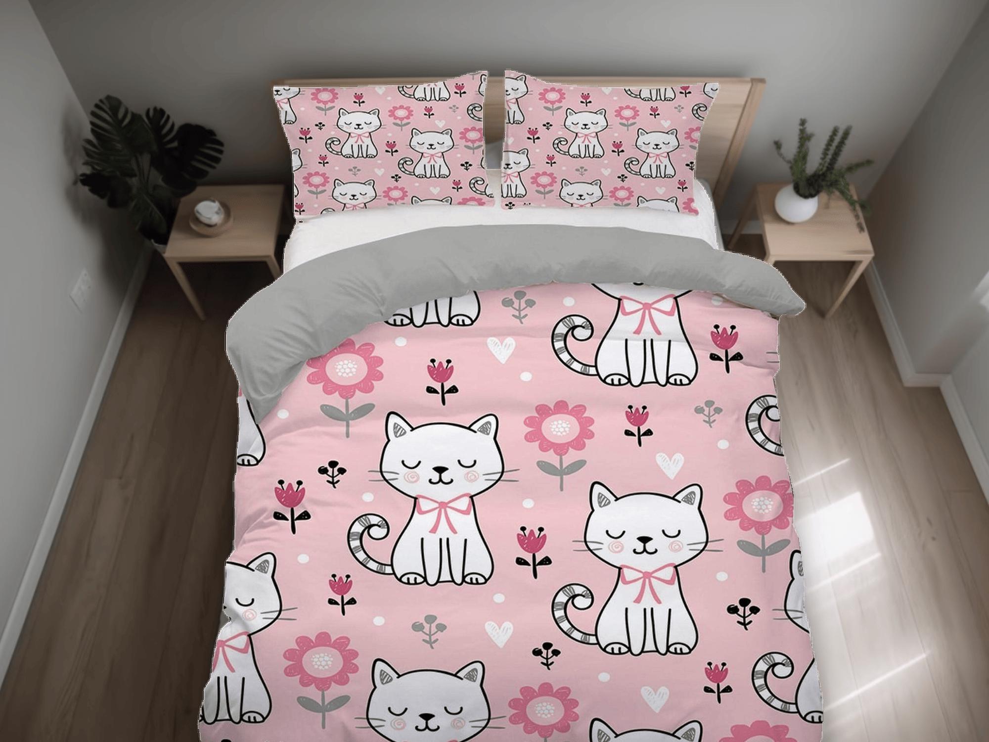 daintyduvet Floral printed bedding, white cat, toddler bedding, kids duvet cover set, gift for cat lovers, baby bedding, baby shower gift, pink bedding