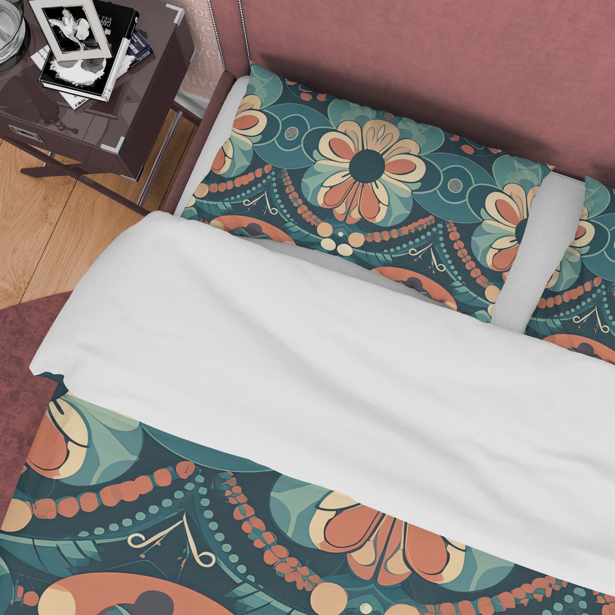 Floral Retro Bedding Set, Geometric Duvet Cover, Matte Color Quilt Cover, Bohemian Bedspread, Unique Abstract Bed Cover, Zipper Bedding