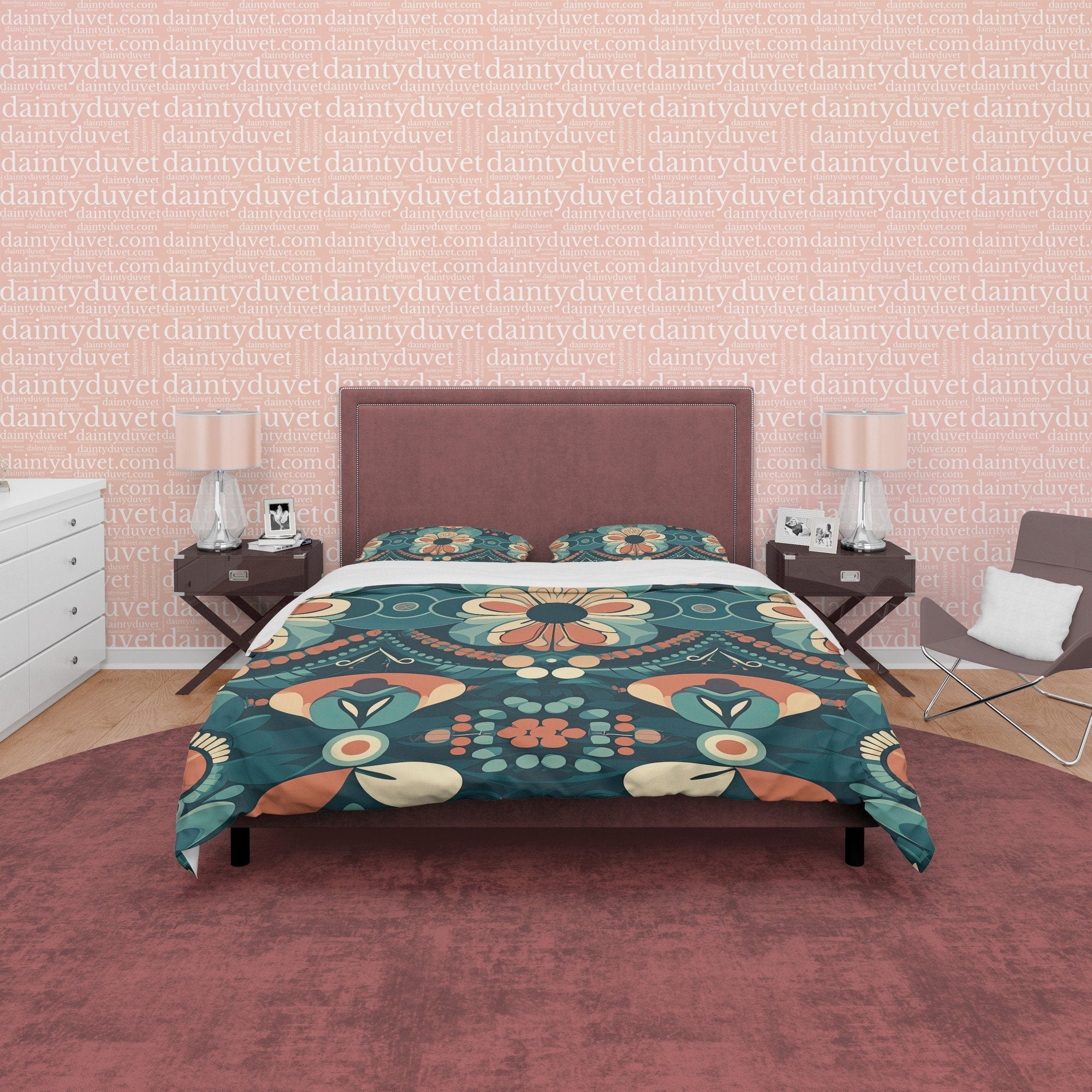 Floral Retro Bedding Set, Geometric Duvet Cover, Matte Color Quilt Cover, Bohemian Bedspread, Unique Abstract Bed Cover, Zipper Bedding