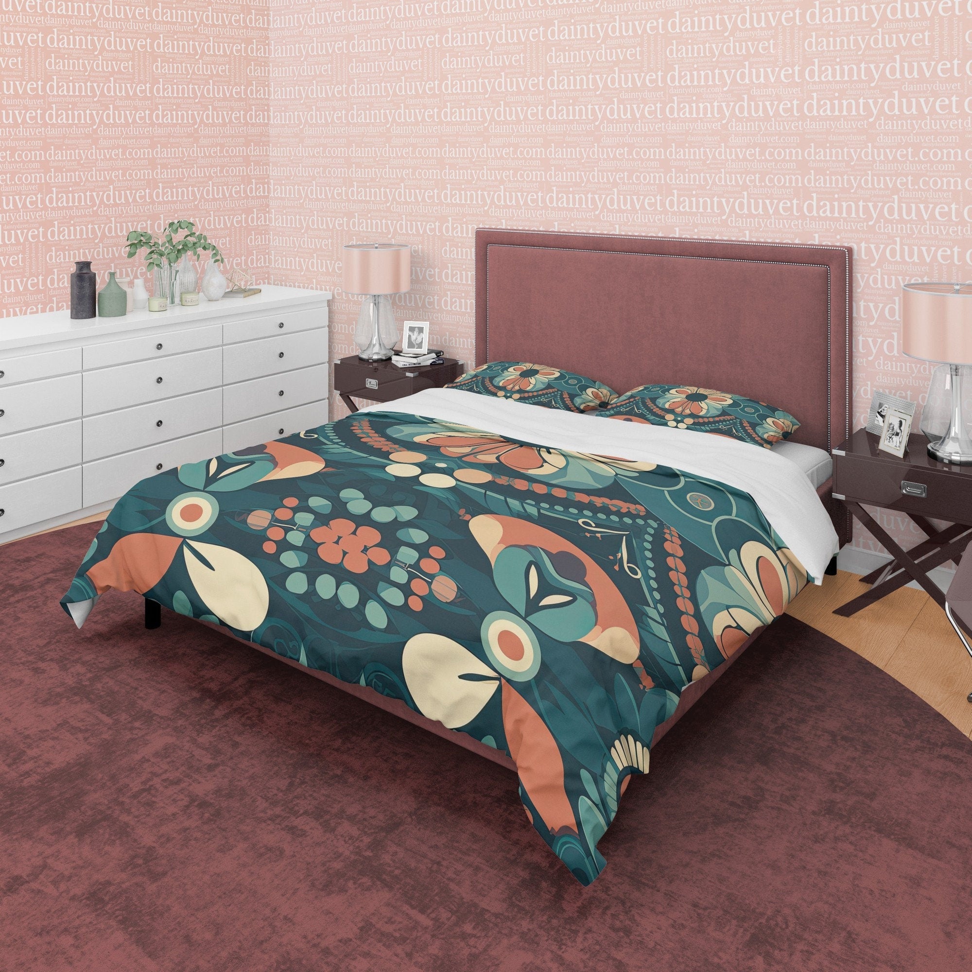 Floral Retro Bedding Set, Geometric Duvet Cover, Matte Color Quilt Cover, Bohemian Bedspread, Unique Abstract Bed Cover, Zipper Bedding