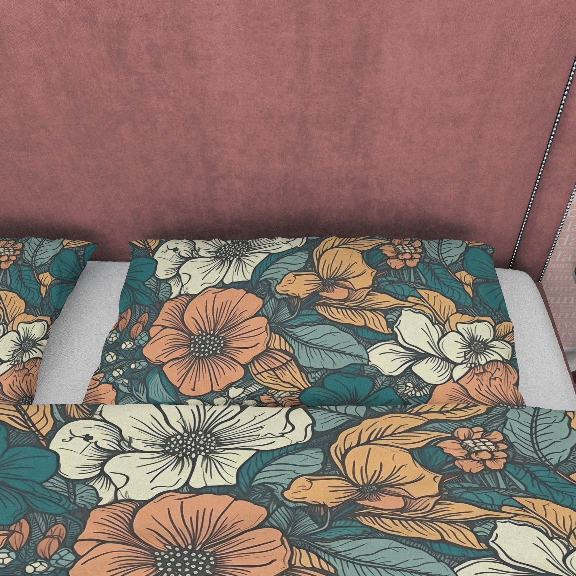 Floral Retro Bedding Set, Green Cotton Duvet Cover, Random Flower Quilt Cover, Unique Bedspread, 70's Nostalgia Bed Cover, Zipper Bedding