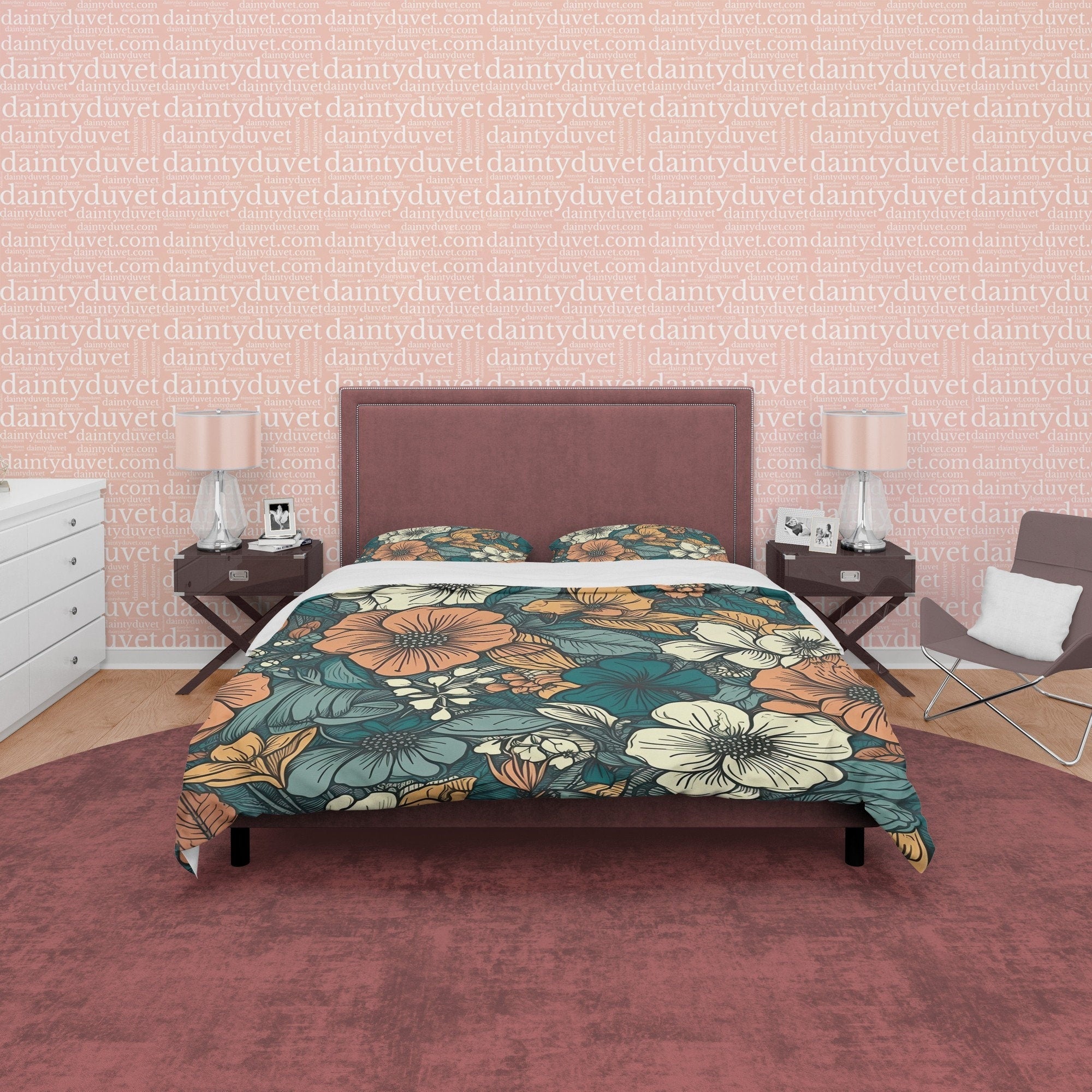 Floral Retro Bedding Set, Green Cotton Duvet Cover, Random Flower Quilt Cover, Unique Bedspread, 70's Nostalgia Bed Cover, Zipper Bedding