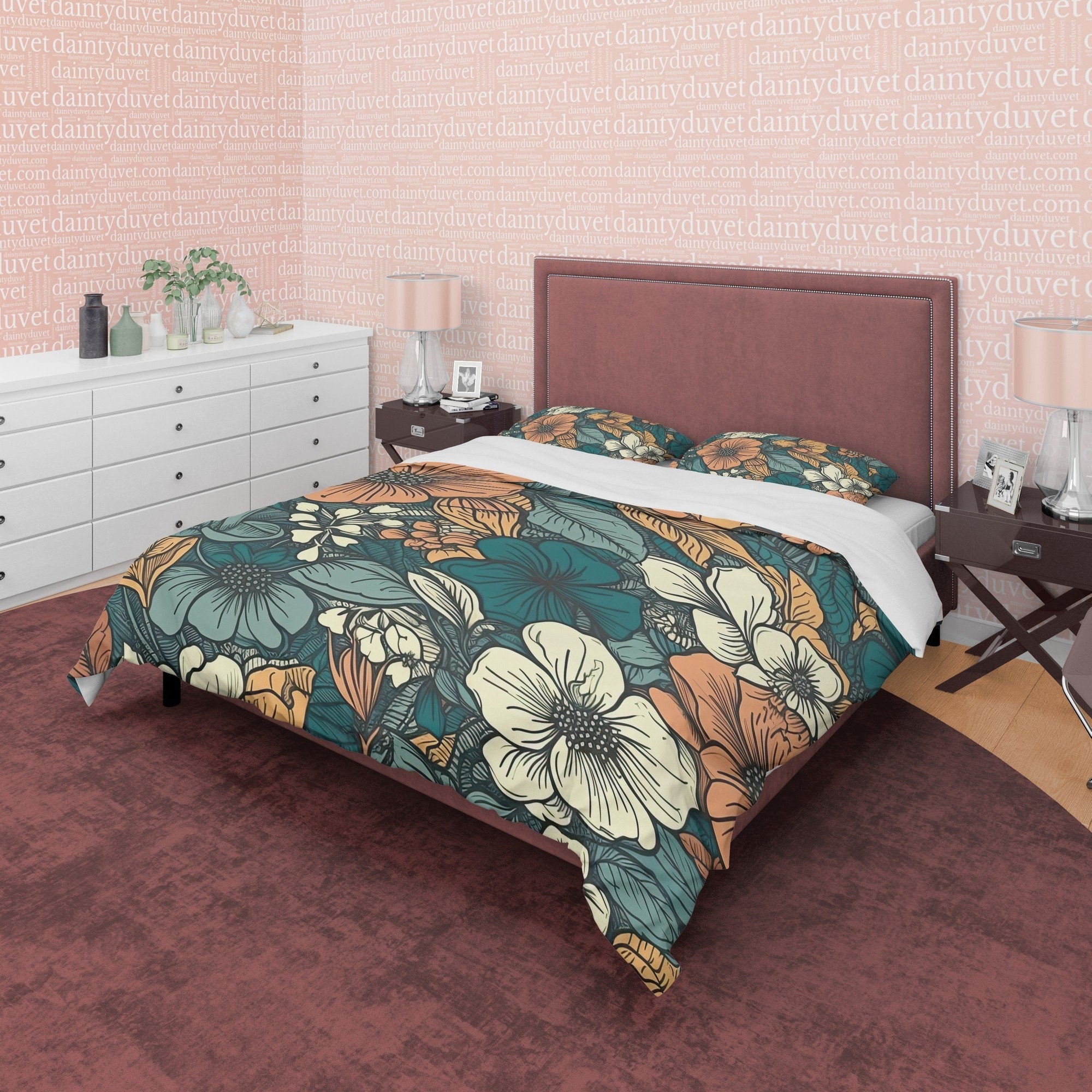 Floral Retro Bedding Set, Green Cotton Duvet Cover, Random Flower Quilt Cover, Unique Bedspread, 70's Nostalgia Bed Cover, Zipper Bedding