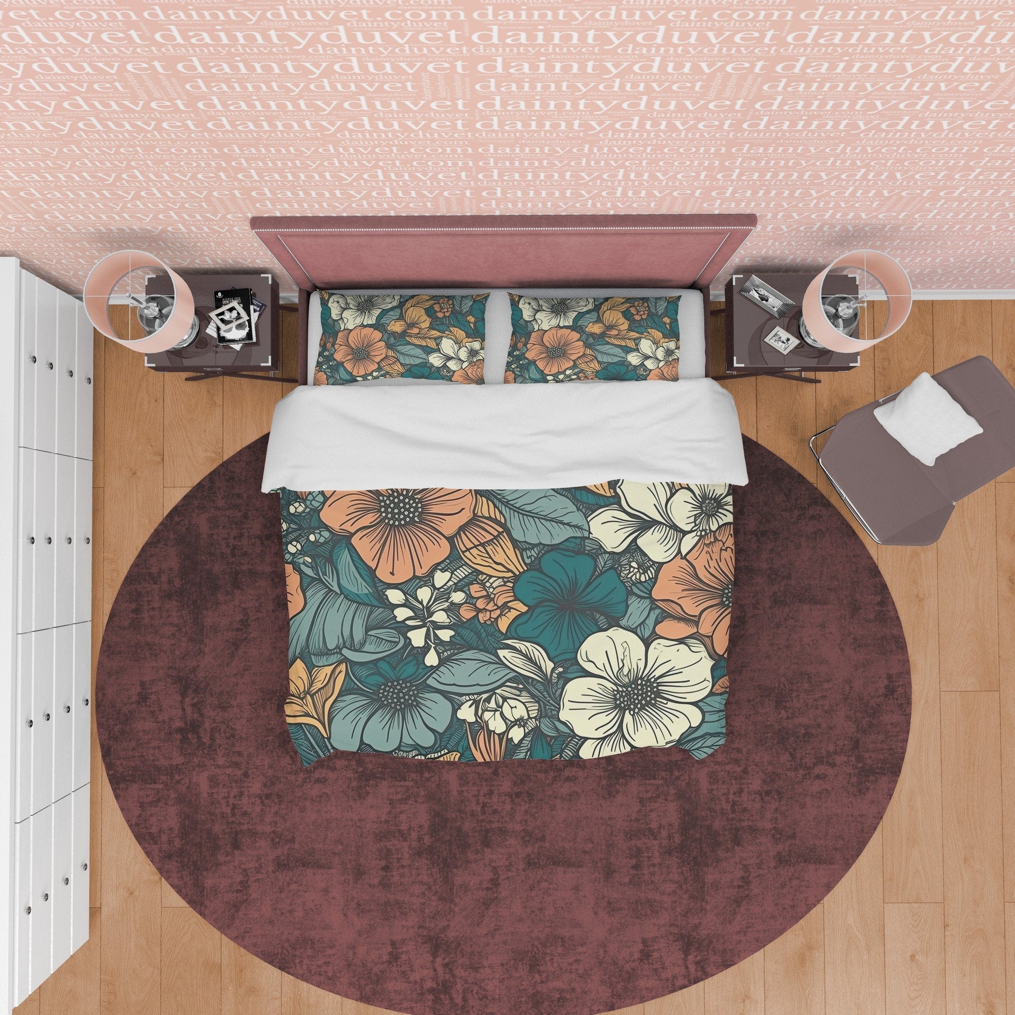 Floral Retro Bedding Set, Green Cotton Duvet Cover, Random Flower Quilt Cover, Unique Bedspread, 70's Nostalgia Bed Cover, Zipper Bedding