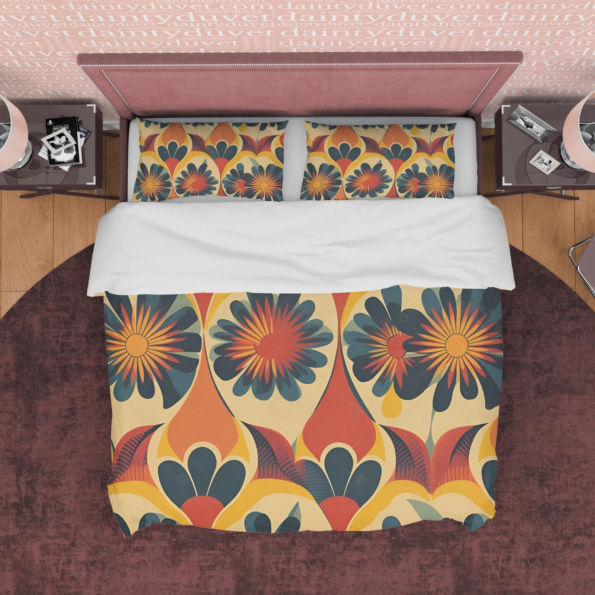 Floral Rustic Retro Bedding Set, Vintage Summer Duvet Cover, Boho Orange Brown Flower Quilt Cover, 70's Pattern Bed Cover, Zipper Bedding