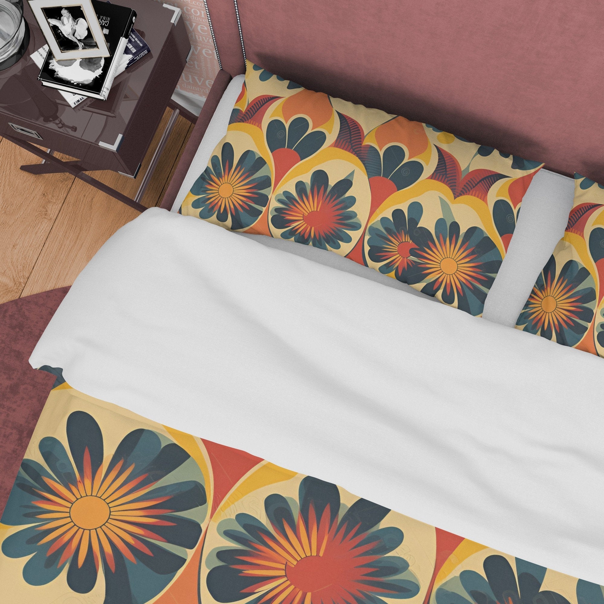 Floral Rustic Retro Bedding Set, Vintage Summer Duvet Cover, Boho Orange Brown Flower Quilt Cover, 70's Pattern Bed Cover, Zipper Bedding