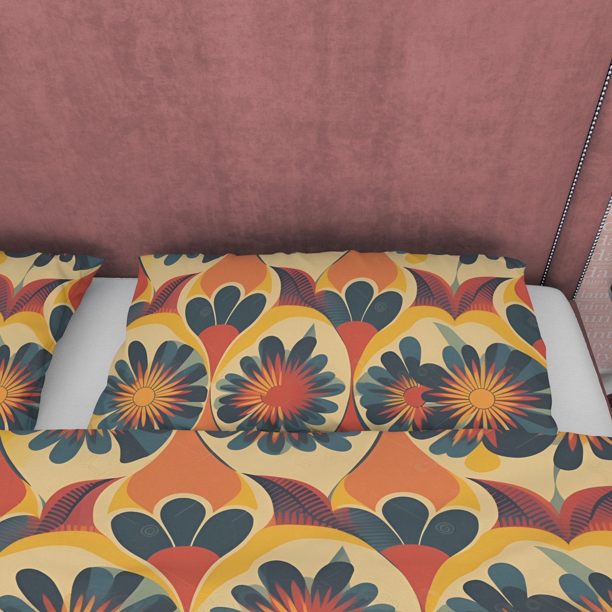 Floral Rustic Retro Bedding Set, Vintage Summer Duvet Cover, Boho Orange Brown Flower Quilt Cover, 70's Pattern Bed Cover, Zipper Bedding