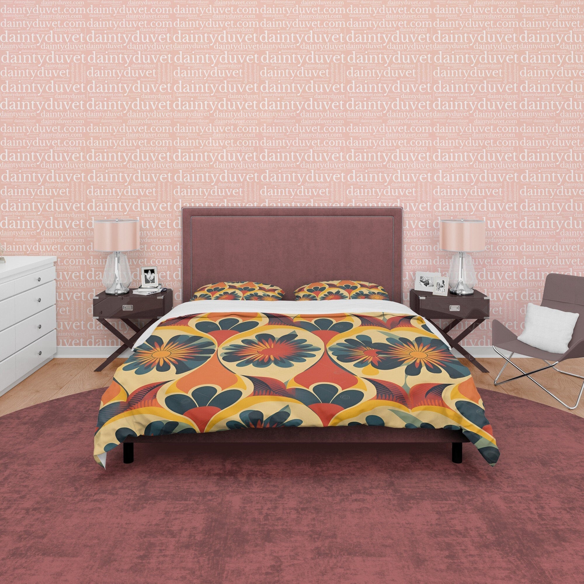 Floral Rustic Retro Bedding Set, Vintage Summer Duvet Cover, Boho Orange Brown Flower Quilt Cover, 70's Pattern Bed Cover, Zipper Bedding