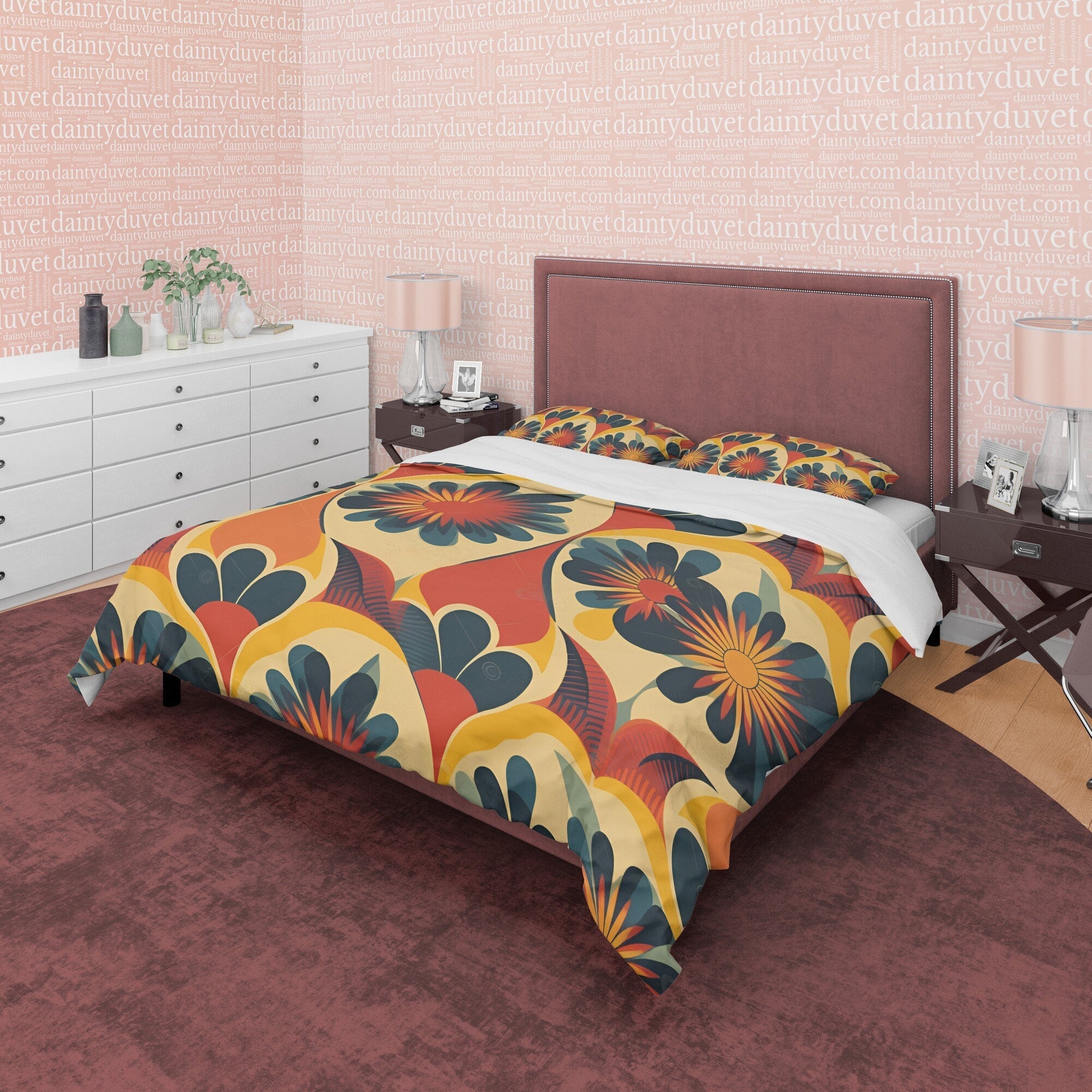 Floral Rustic Retro Bedding Set, Vintage Summer Duvet Cover, Boho Orange Brown Flower Quilt Cover, 70's Pattern Bed Cover, Zipper Bedding