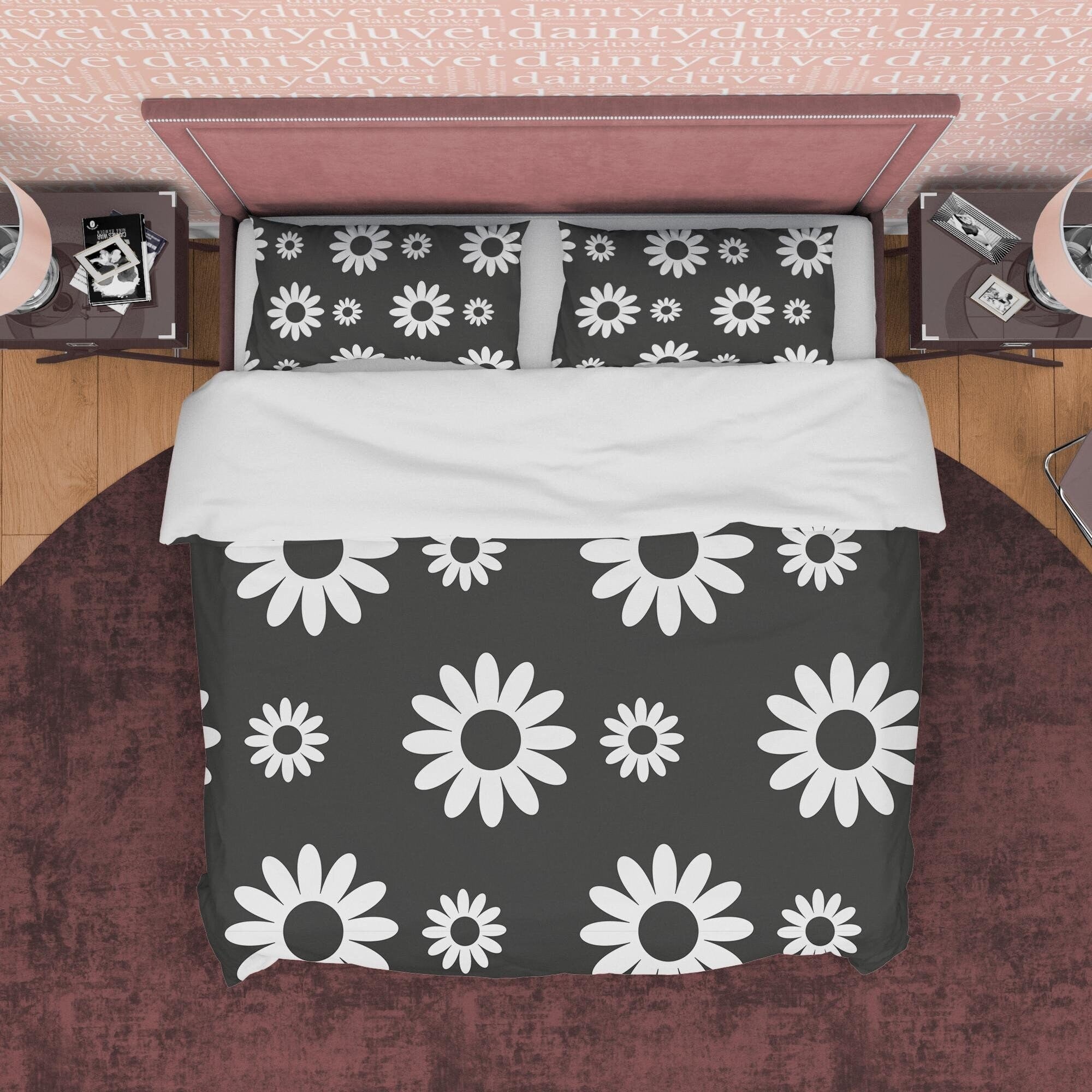 Flower Black and White Duvet Cover Set, Simple Floral Blanket Cover Retro Printed Bedding Set, 90s Nostalgia Quilt Cover, Groovy Bedspread