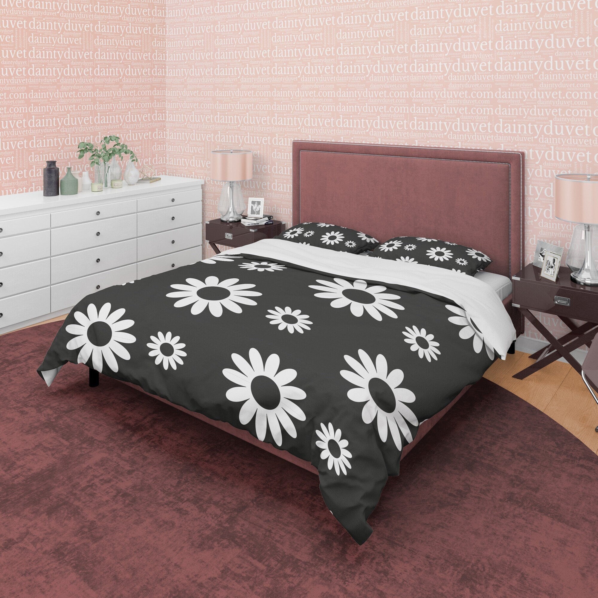 Flower Black and White Duvet Cover Set, Simple Floral Blanket Cover Retro Printed Bedding Set, 90s Nostalgia Quilt Cover, Groovy Bedspread