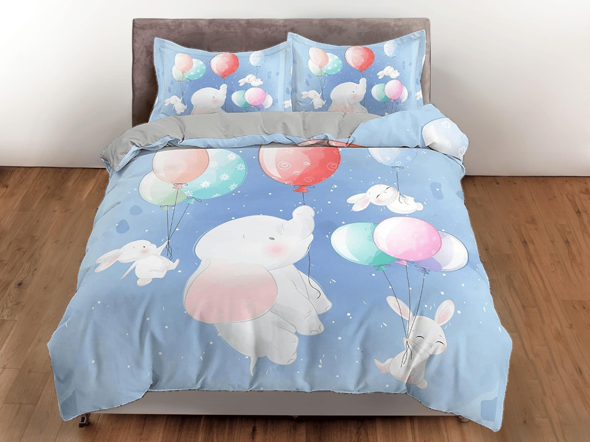 daintyduvet Flying elephant and bunny cute toddler bedding, unique duvet cover for nursery kids, crib bedding, baby zipper bedding, king queen full twin