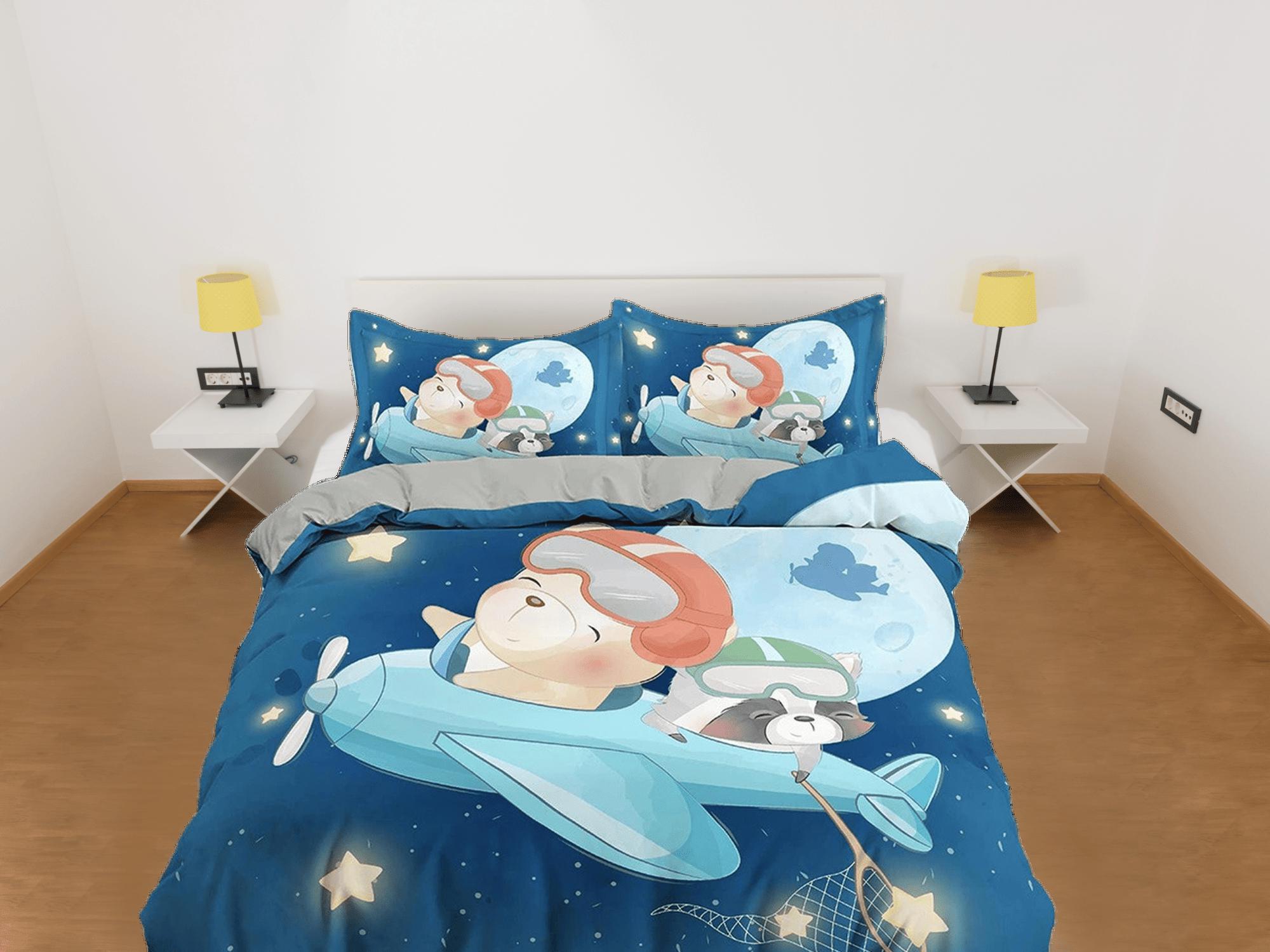daintyduvet Flying Teddy Bear and Dog in Airplane Bedding, Duvet Cover Set, Zipper Bedding, Dorm Bedding, Teens Adult Duvet King Queen Full Twin Single