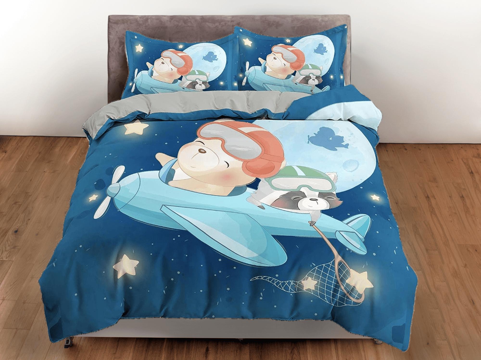 daintyduvet Flying Teddy Bear and Dog in Airplane Bedding, Duvet Cover Set, Zipper Bedding, Dorm Bedding, Teens Adult Duvet King Queen Full Twin Single