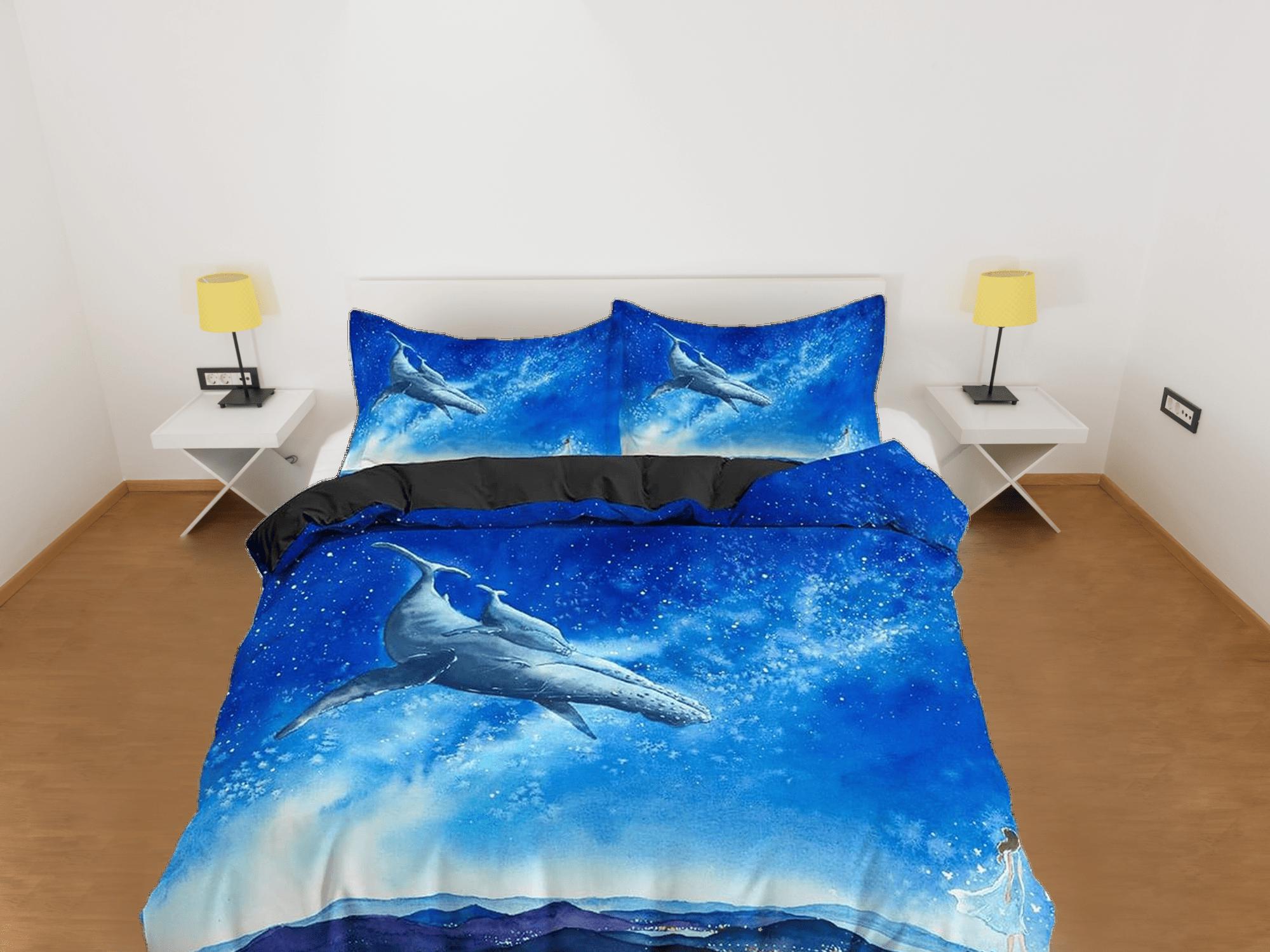 daintyduvet Flying whale bedding sky blue duvet cover, galaxy bedding set full king queen twin, college dorm bedding, celestial bedding gift