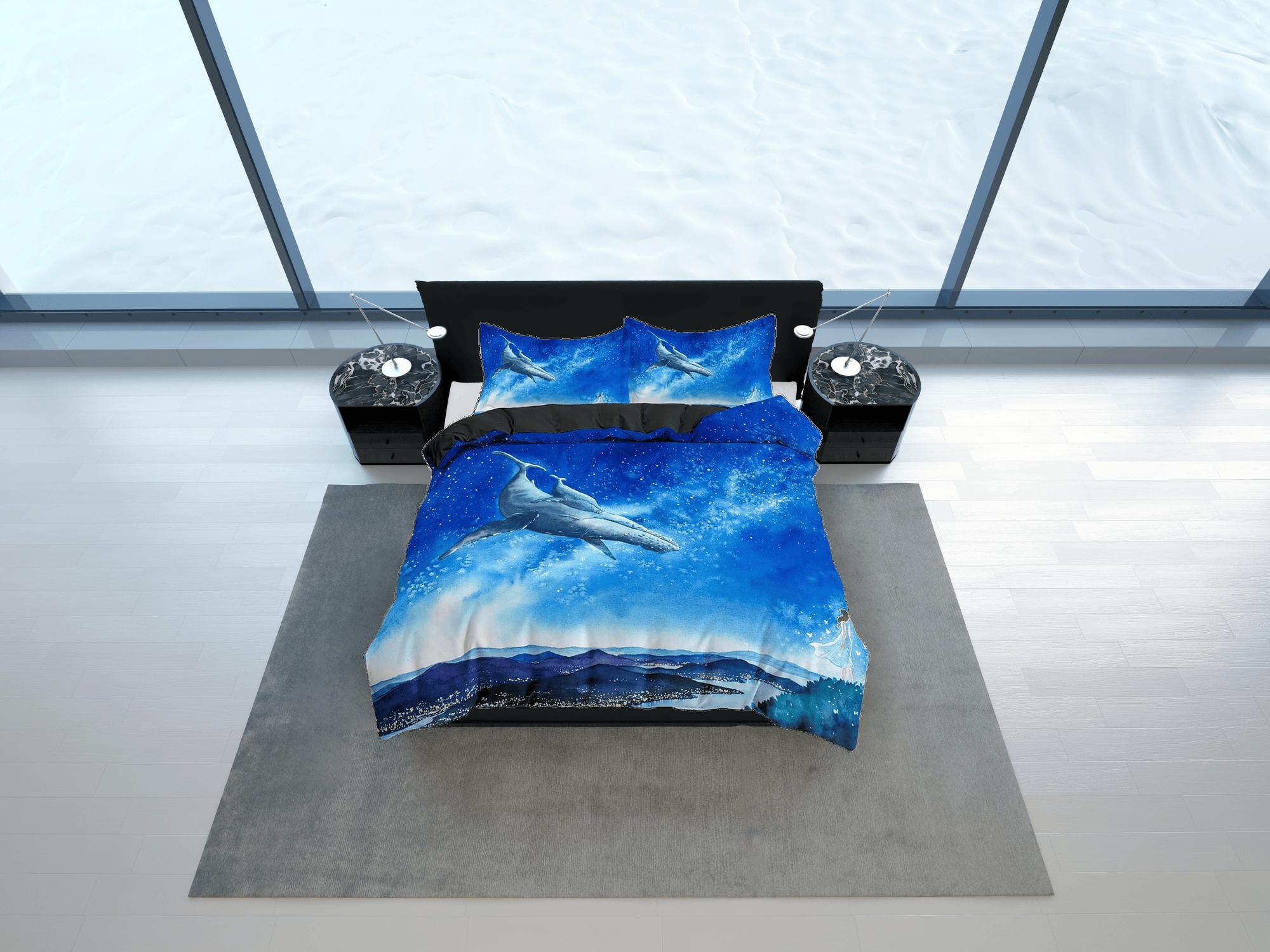 daintyduvet Flying whale bedding sky blue duvet cover, galaxy bedding set full king queen twin, college dorm bedding, celestial bedding gift