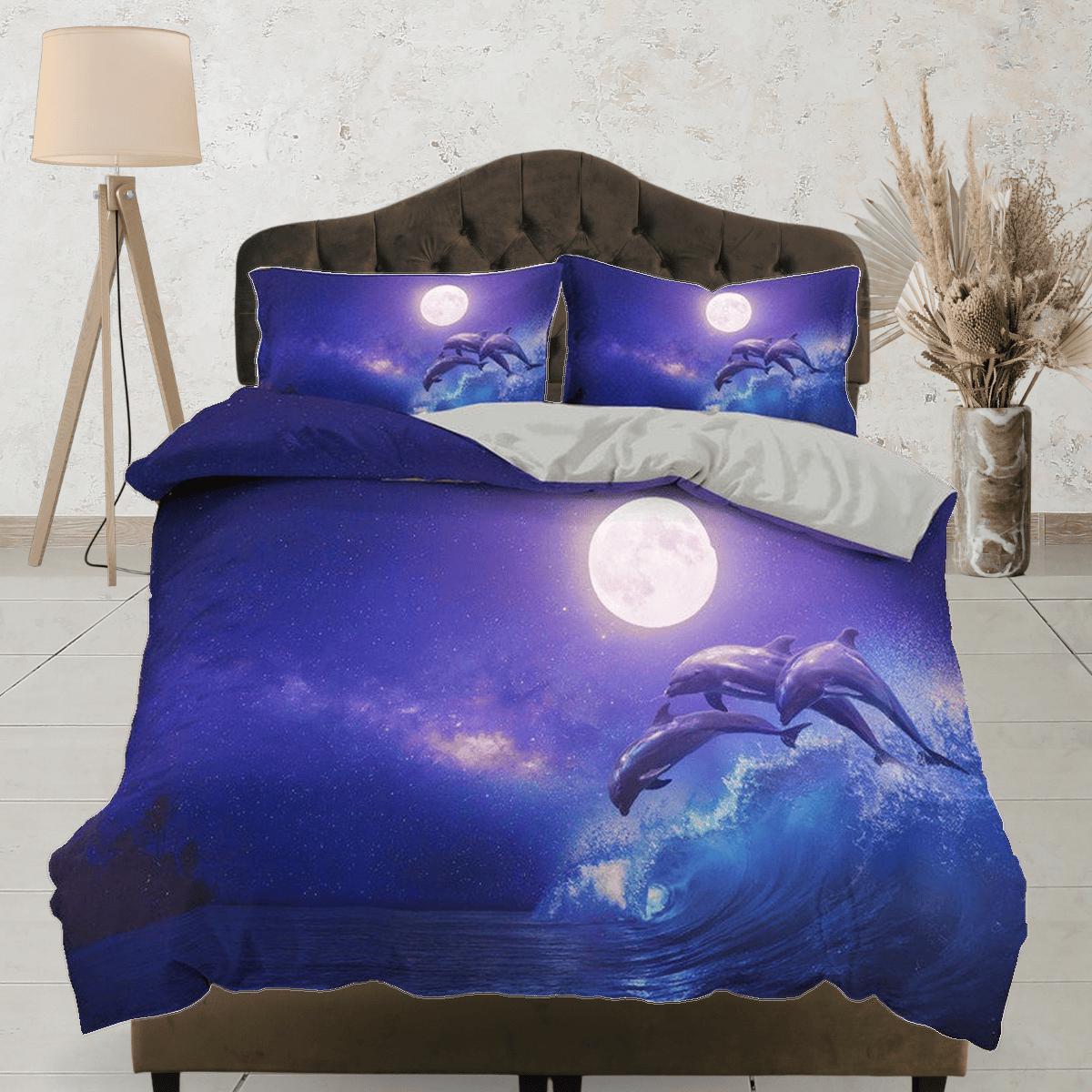 daintyduvet Full moon jumping dolphin bedding purple duvet cover, ocean blush decor bottle nose dolphin bedding set full king queen twin, dorm bedding