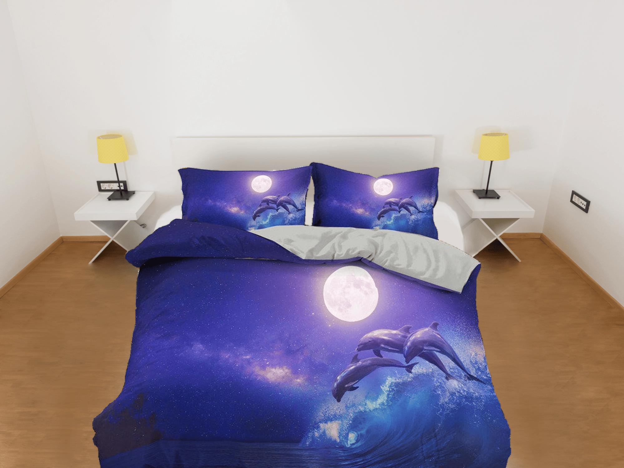 daintyduvet Full moon jumping dolphin bedding purple duvet cover, ocean blush decor bottle nose dolphin bedding set full king queen twin, dorm bedding
