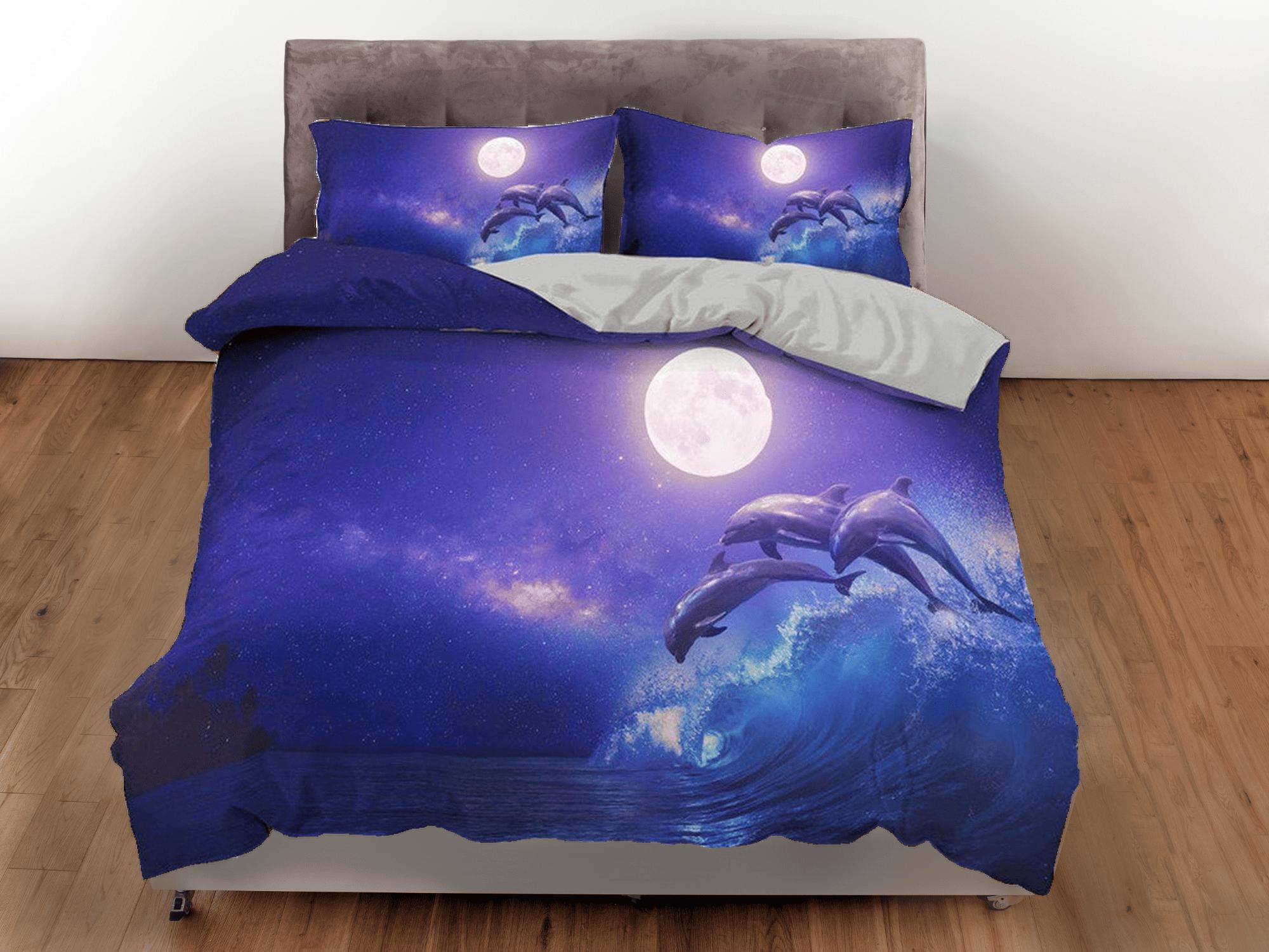 daintyduvet Full moon jumping dolphin bedding purple duvet cover, ocean blush decor bottle nose dolphin bedding set full king queen twin, dorm bedding