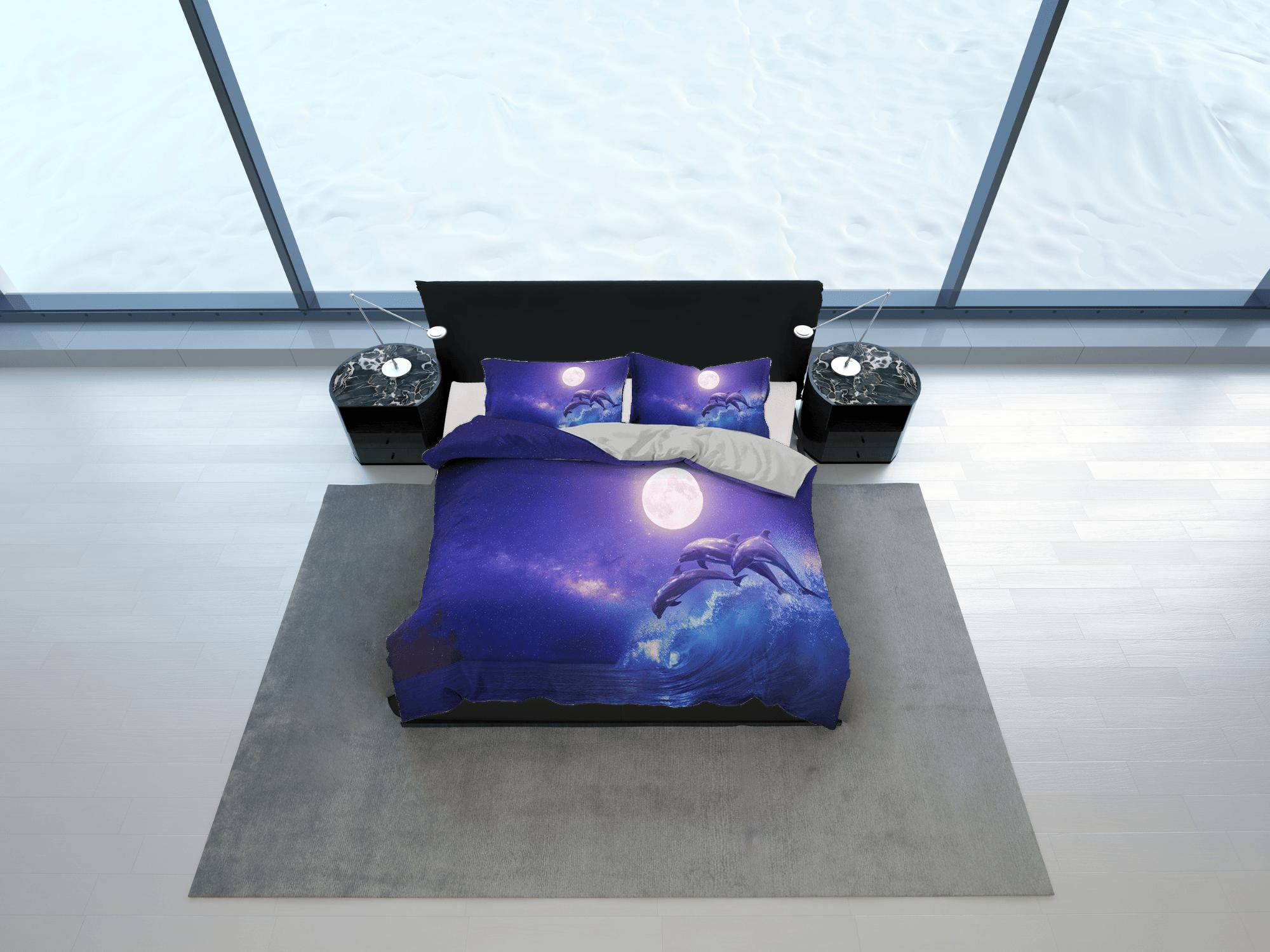 daintyduvet Full moon jumping dolphin bedding purple duvet cover, ocean blush decor bottle nose dolphin bedding set full king queen twin, dorm bedding
