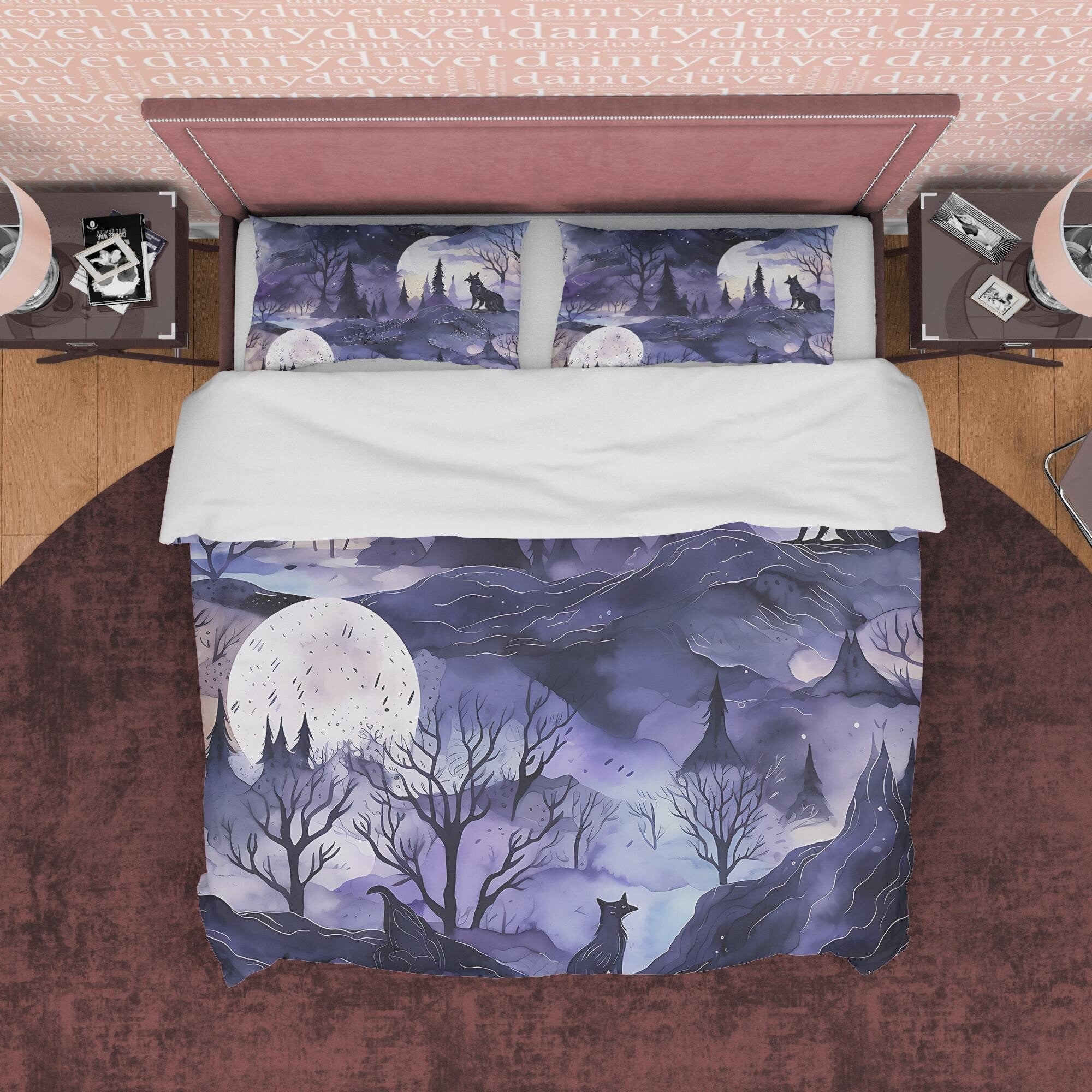 Full Moon Scary Midnight Duvet Cover Set, Haunted Forest Quilt Cover Aesthetic Zipper Bedding, Halloween Room Decor, Purple Blanket Cover