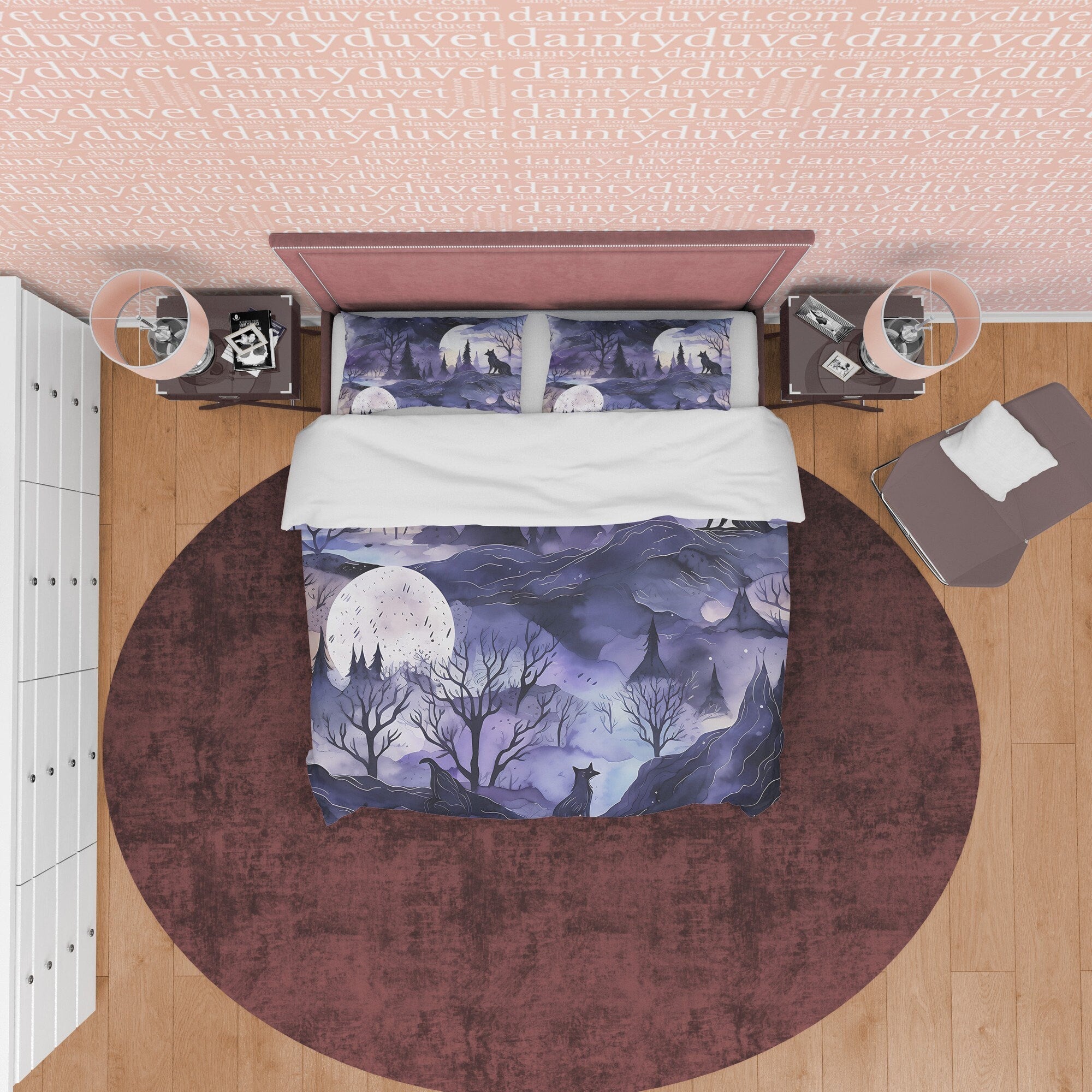 Full Moon Scary Midnight Duvet Cover Set, Haunted Forest Quilt Cover Aesthetic Zipper Bedding, Halloween Room Decor, Purple Blanket Cover