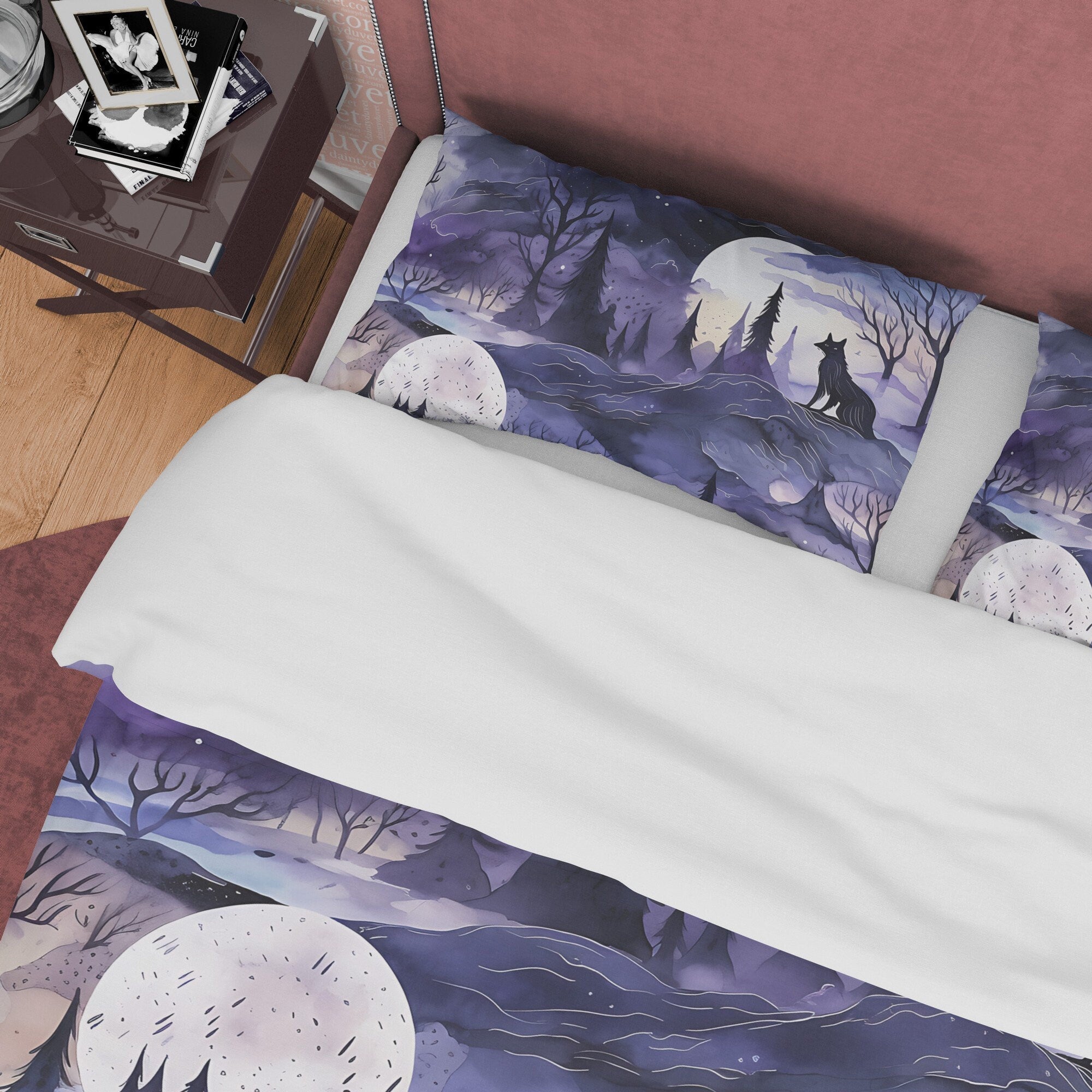 Full Moon Scary Midnight Duvet Cover Set, Haunted Forest Quilt Cover Aesthetic Zipper Bedding, Halloween Room Decor, Purple Blanket Cover